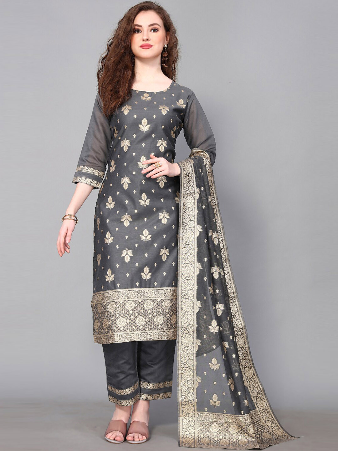 

Happy Design Ethnic Motifs Woven Design Pure Cotton Kurta With Trousers & With Dupatta, Grey