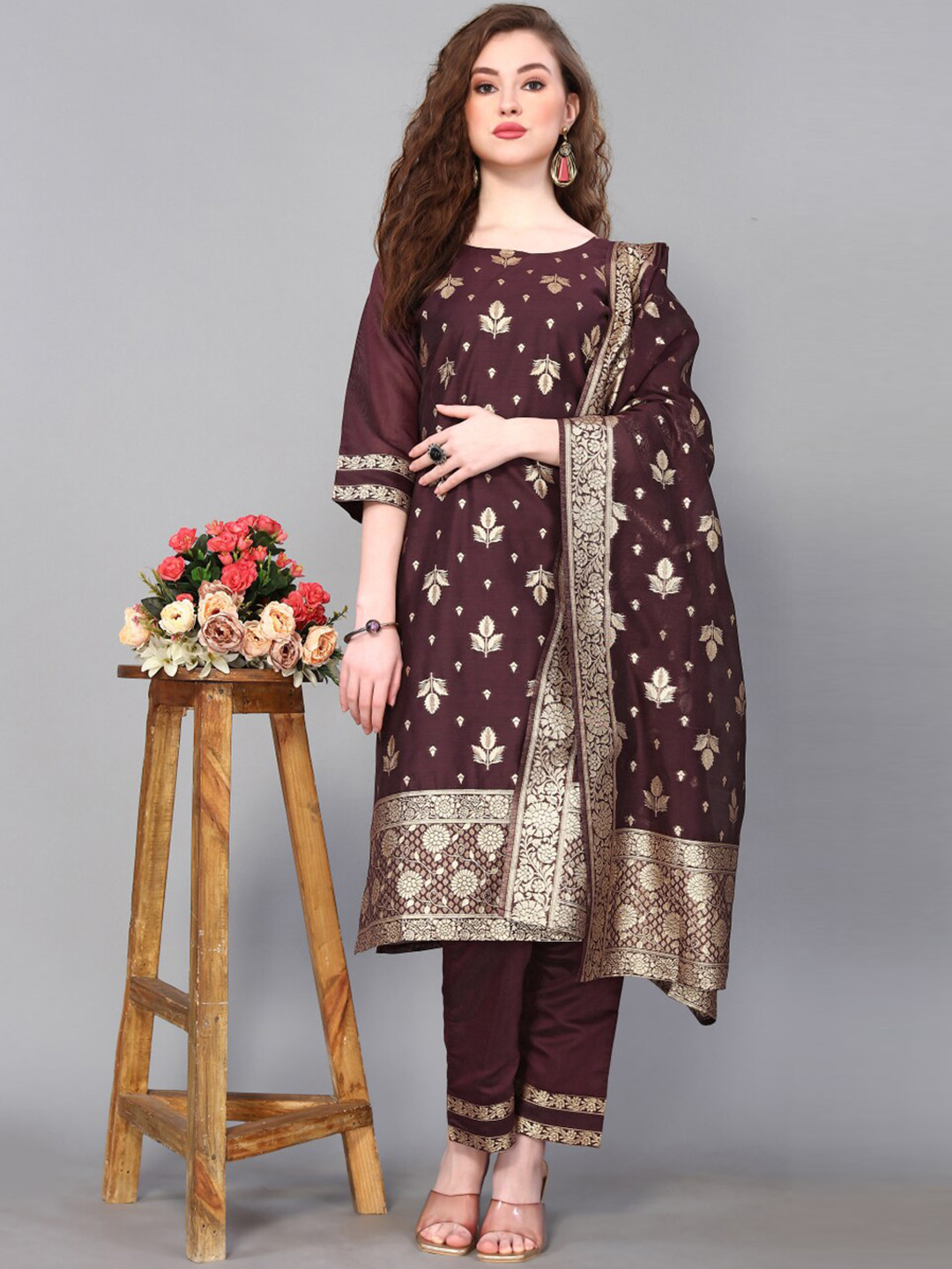 

Happy Design Ethnic Motifs Woven Design Pure Cotton Kurta With Trousers & With Dupatta, Purple