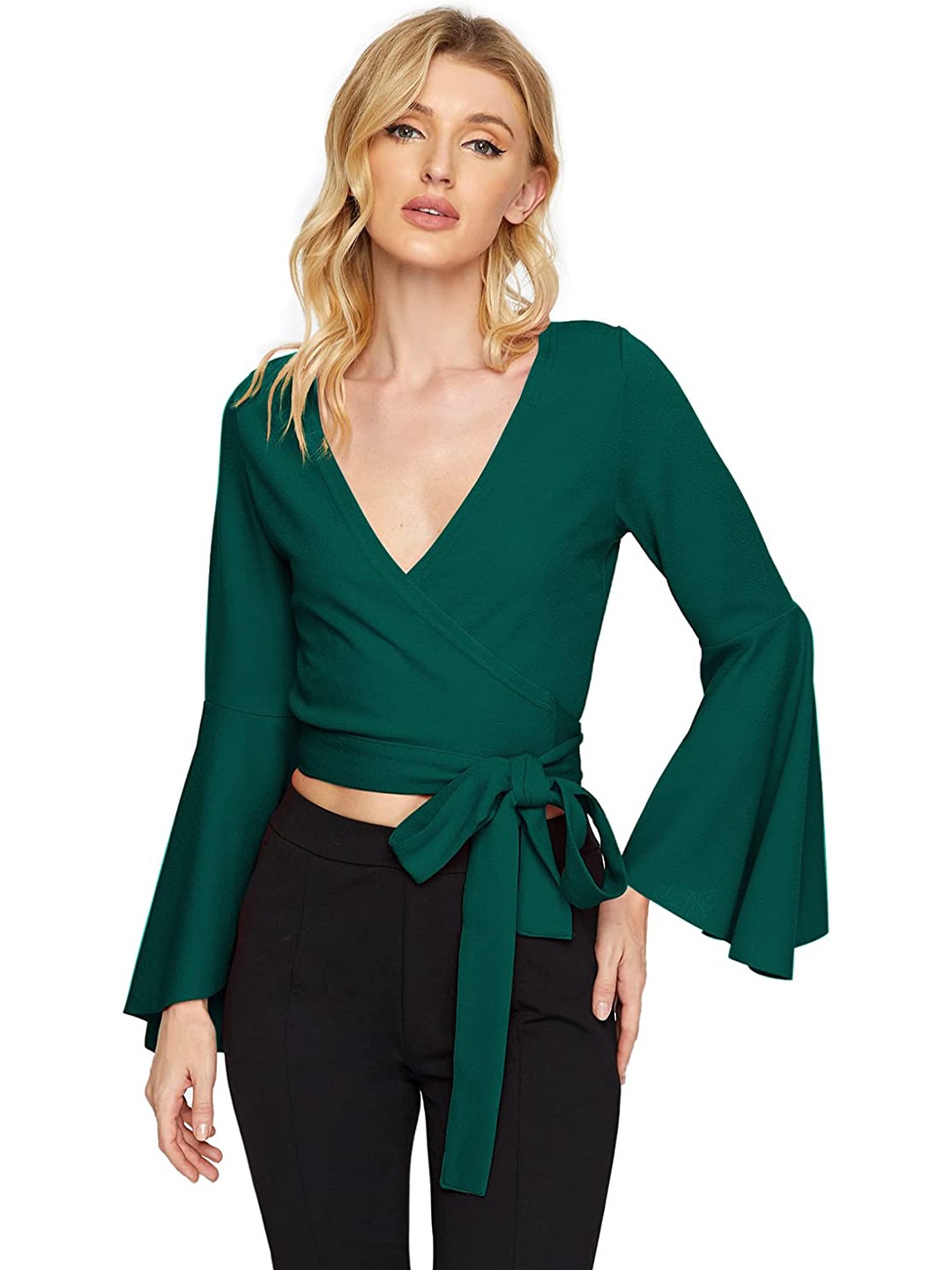 

Samsara Couture V-Neck Bell Sleeves Wrap Crop Top, Green