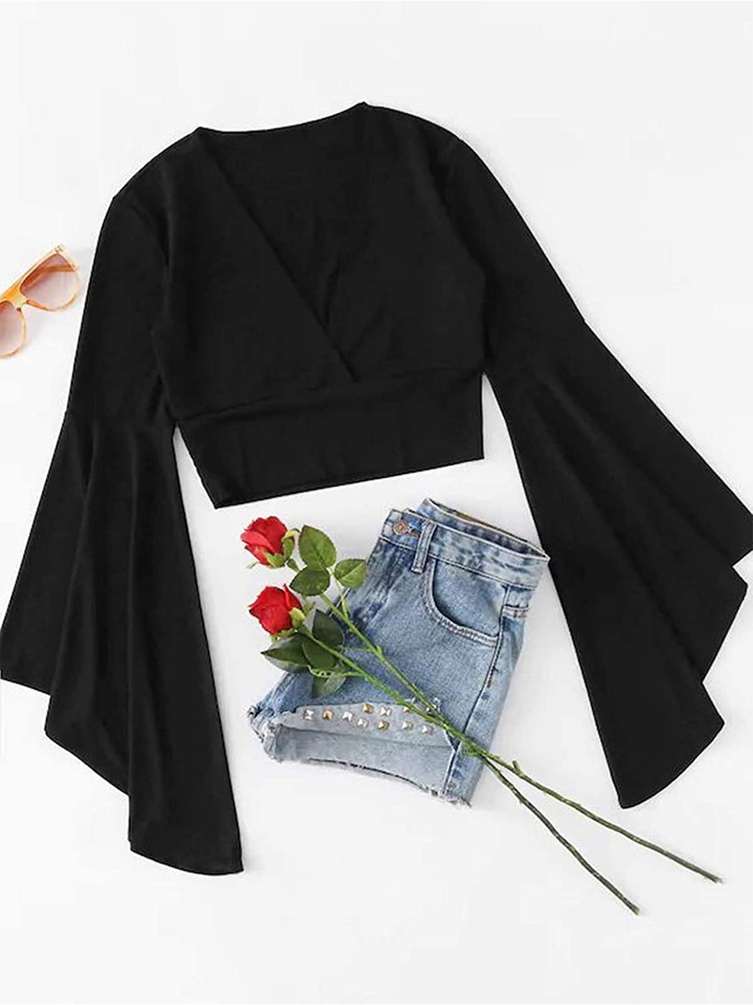 

Samsara Couture V-Neck Bell Sleeve Crepe Blouson Top, Black
