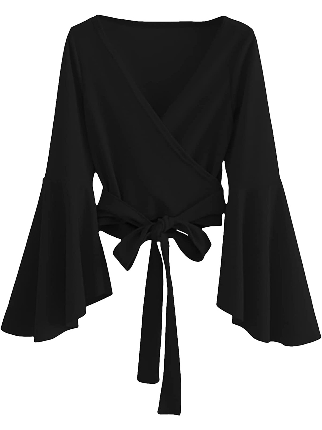

Samsara Couture V-Neck Bell Sleeve Crepe Wrap Top, Black