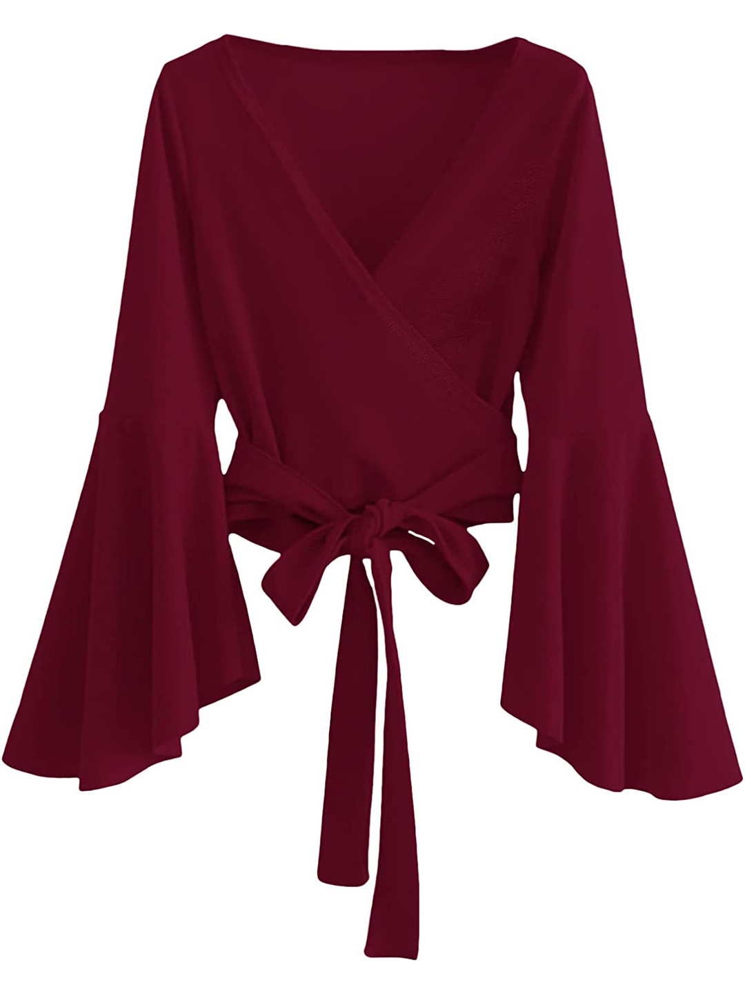 

Samsara Couture V-Neck Bell Sleeve Crepe Wrap Top, Maroon
