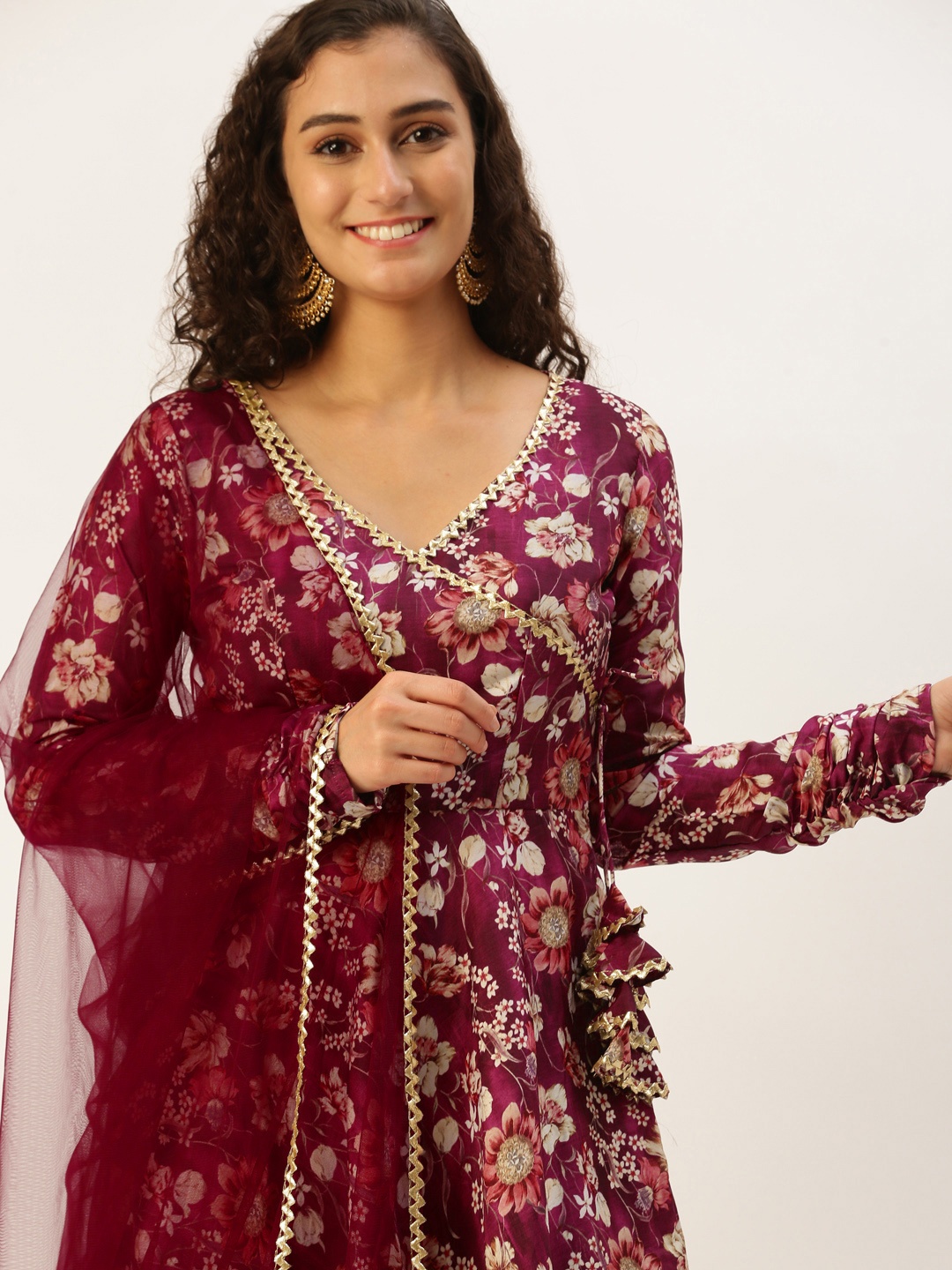 

Ethnovog Women Floral Printed Angrakha Gotta Patti Kurta with Palazzos & With Dupatta, Maroon