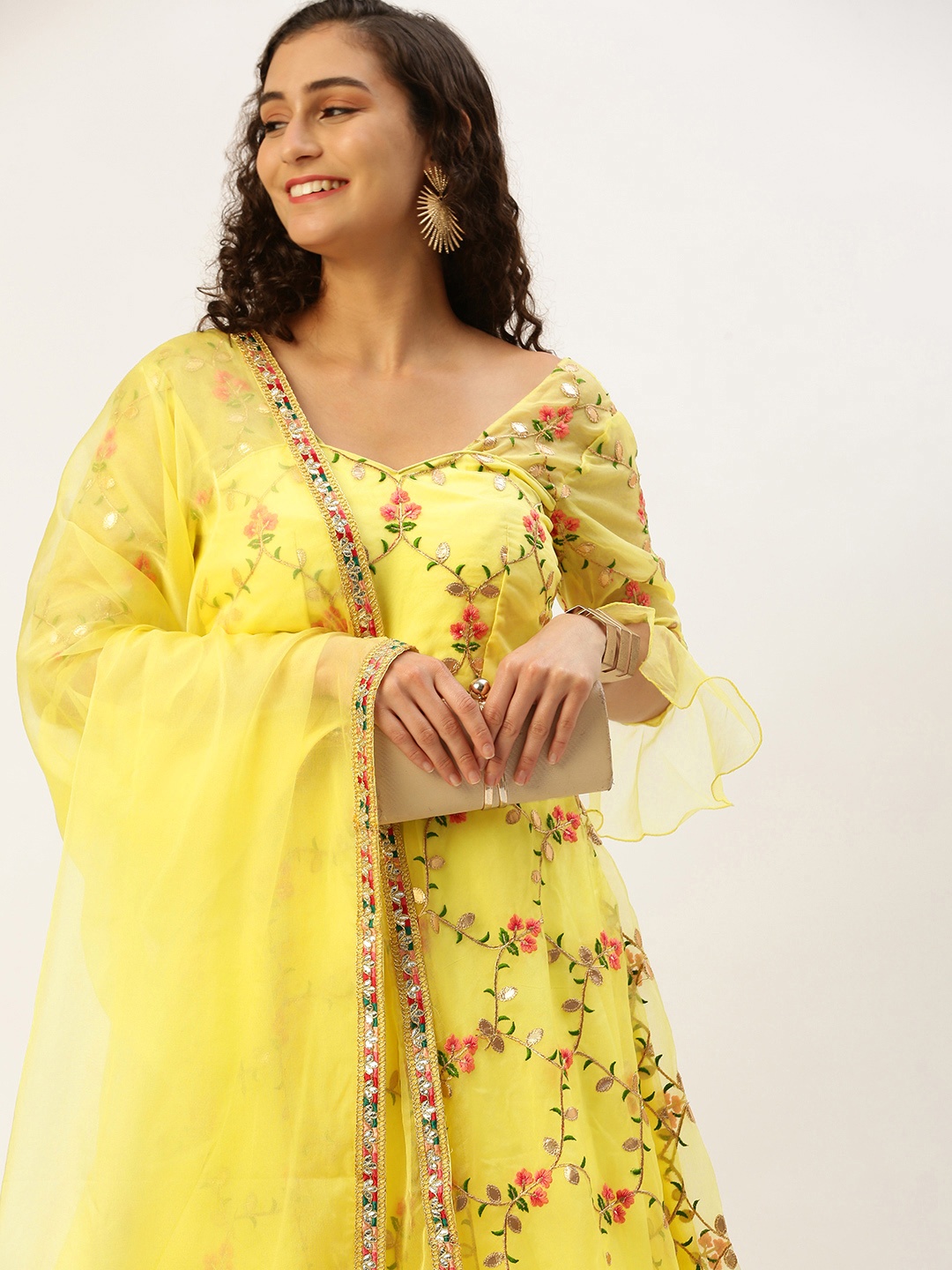 

Ethnovog Women Floral Embroidered Regular Kurta with Trousers & With Dupatta, Yellow