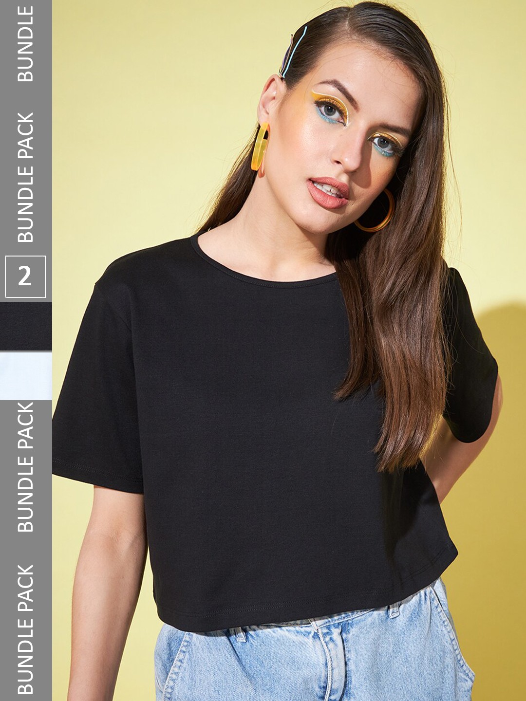 

GUTI Pack of 2 Round Neck Cotton Crop Boxy Top, Black