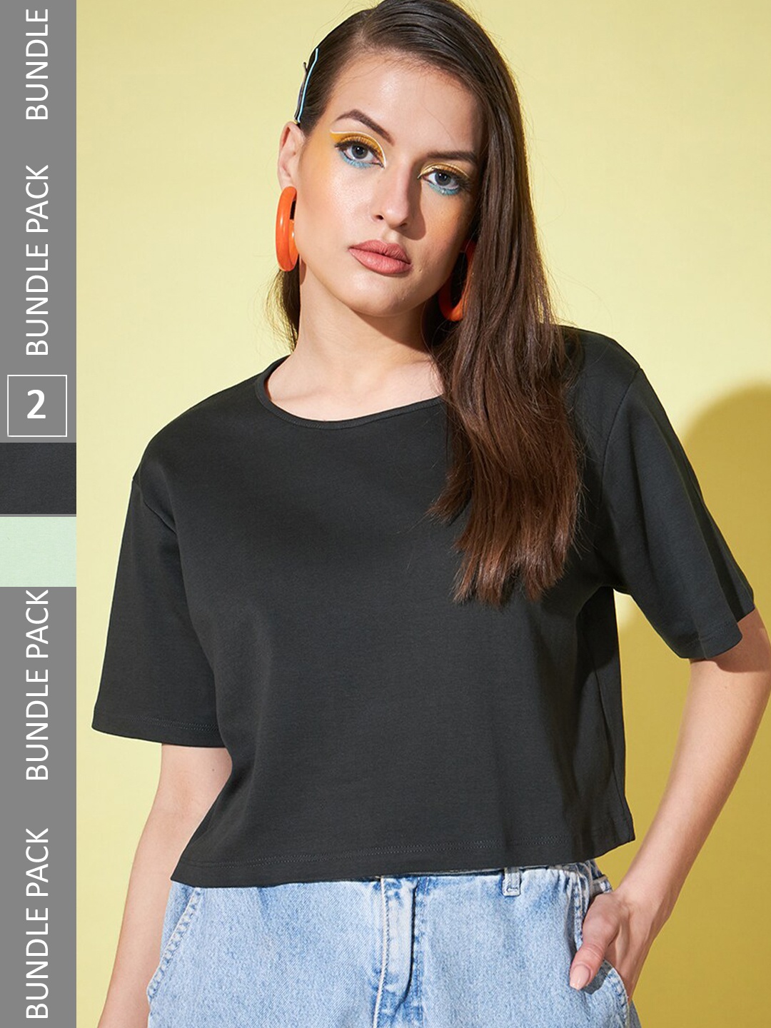 

GUTI Pack of 2 Round Neck Cotton Crop Boxy Top, Blue