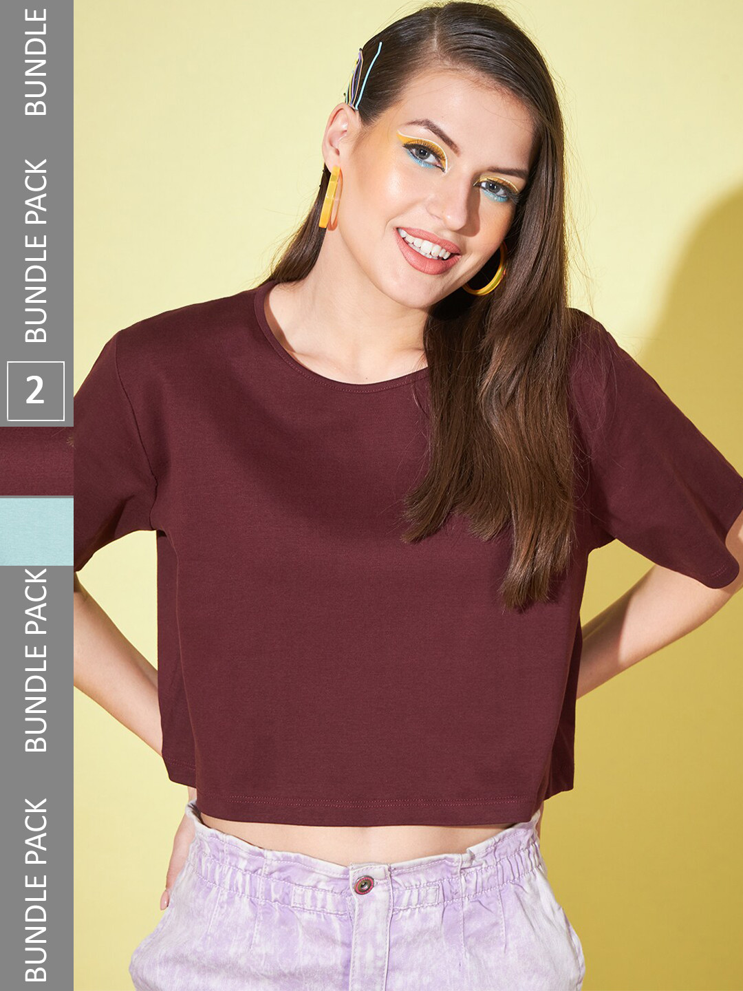

GUTI Pack of 2 Cotton Boxy Crop Tops, Brown