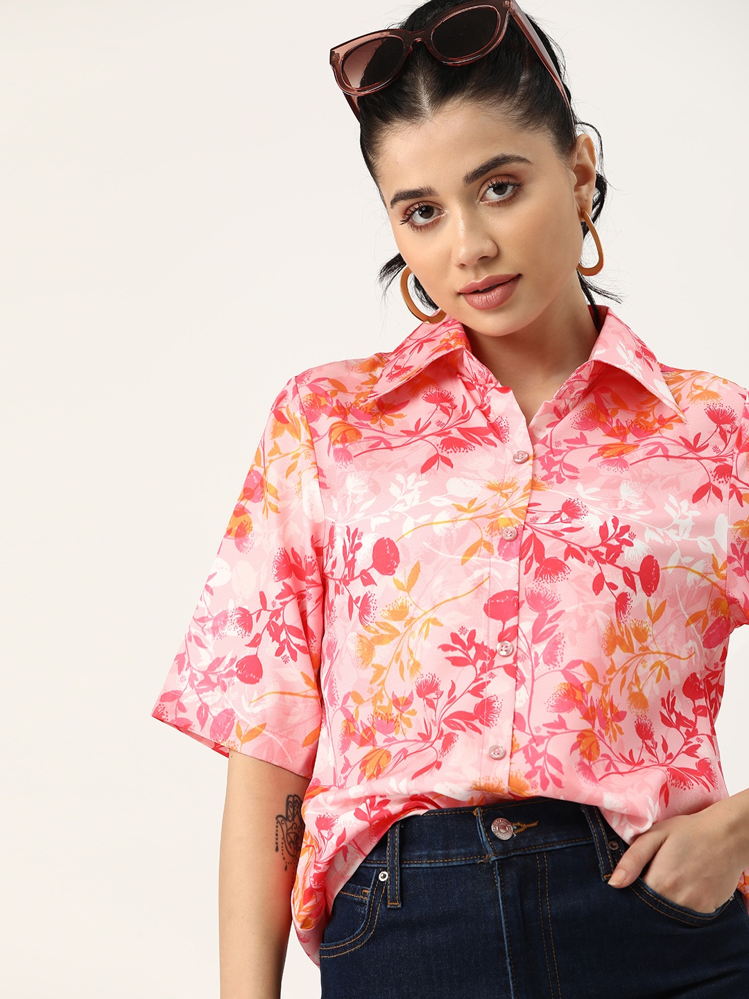 

DressBerry Floral Print Crepe Shirt Style Top, Pink