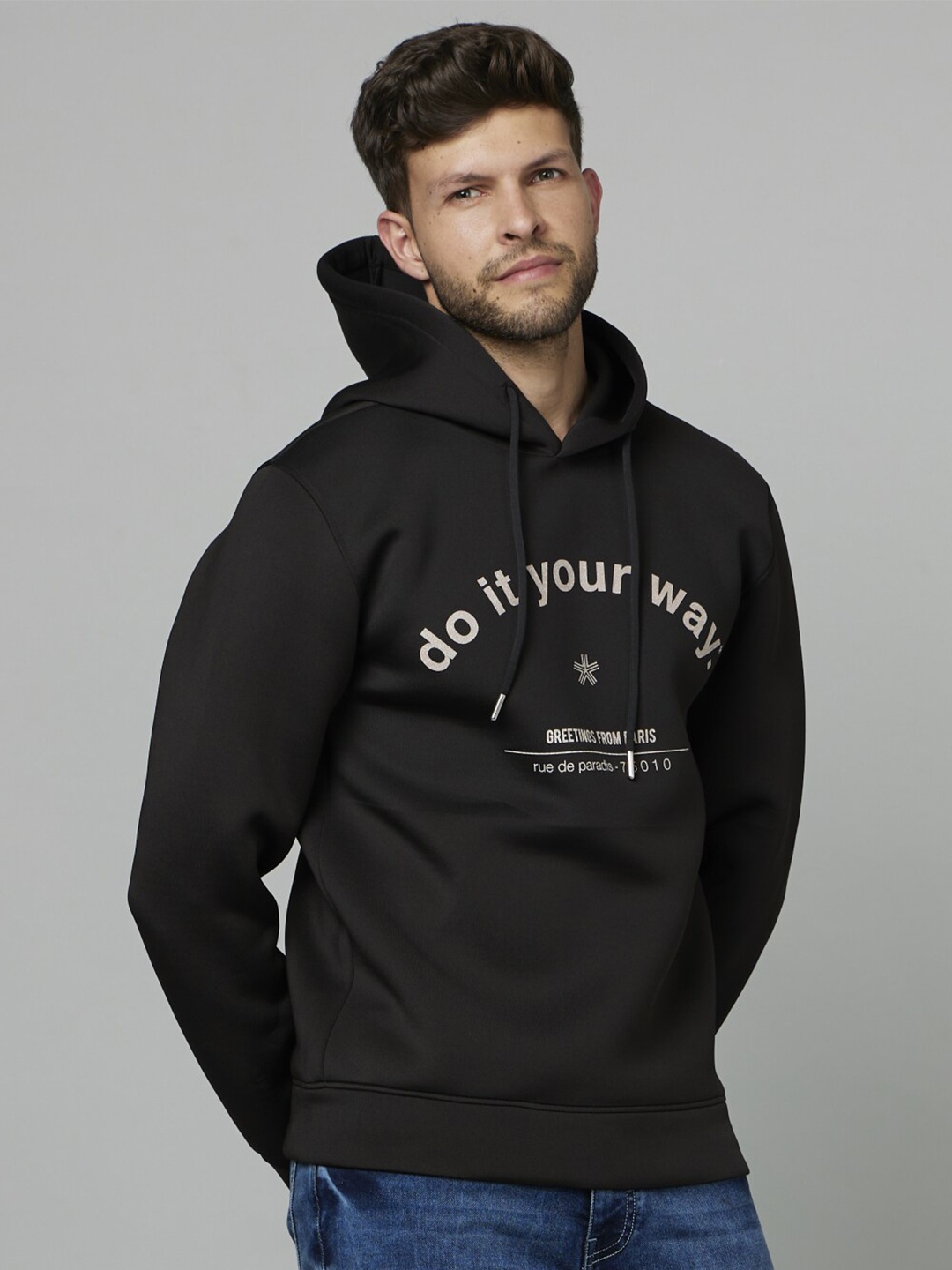 

Celio Typography Printed Hooded Pullover Sweatshirt, Black