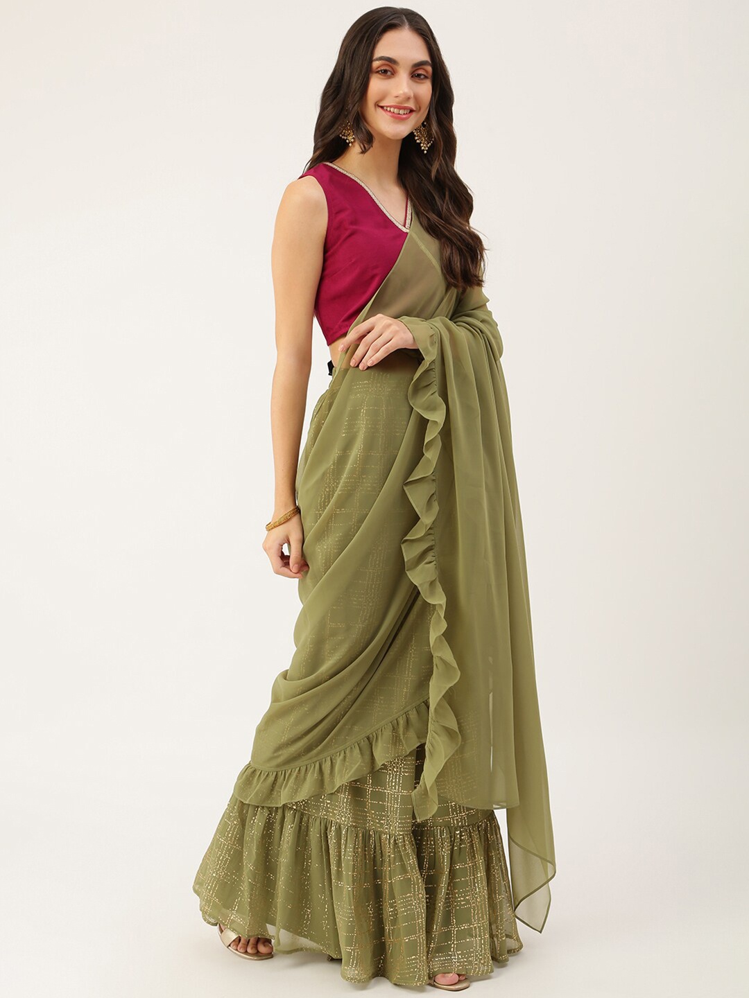 

THE FAB FACTORY Striped Pure Georgette Ready To Wear Draped Saree, Green