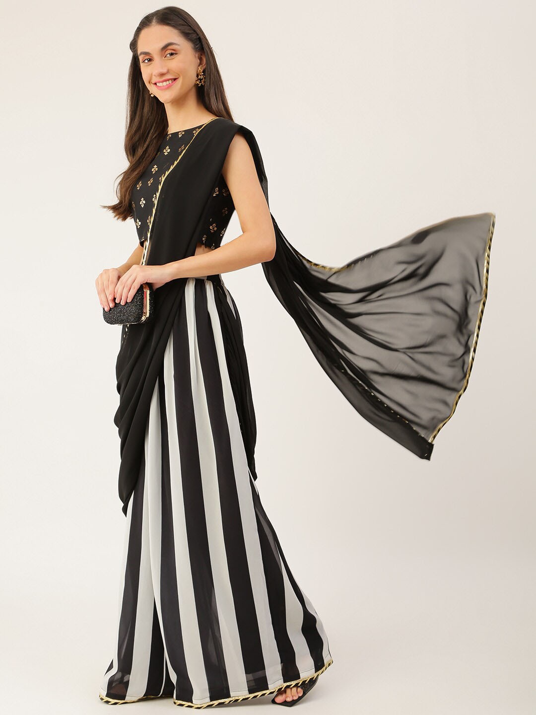 

THE FAB FACTORY Striped Pure Georgette Ready To Wear Draped Saree, Black