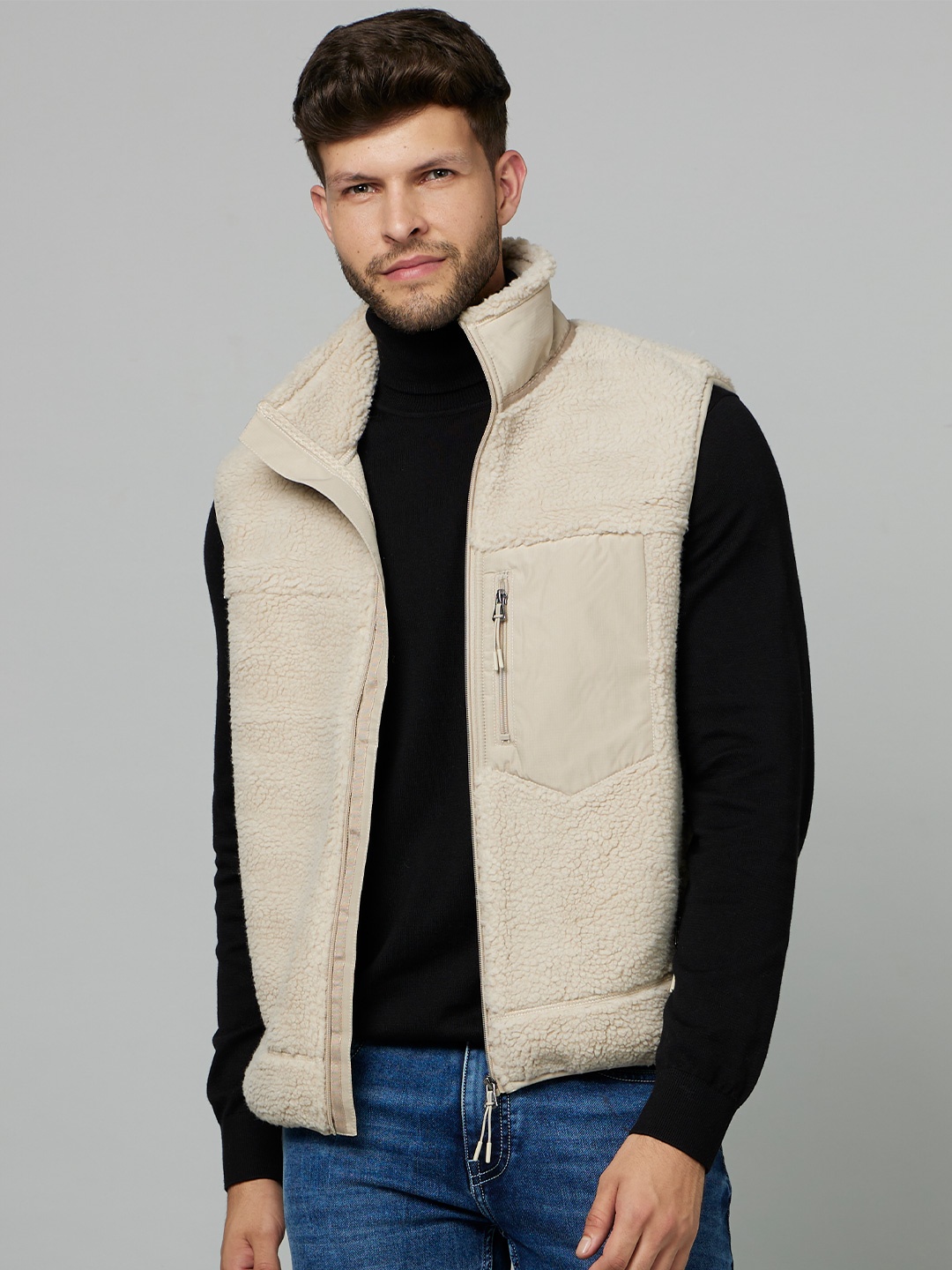 

Celio Stand Collar Acrylic Bomber Jacket, Beige