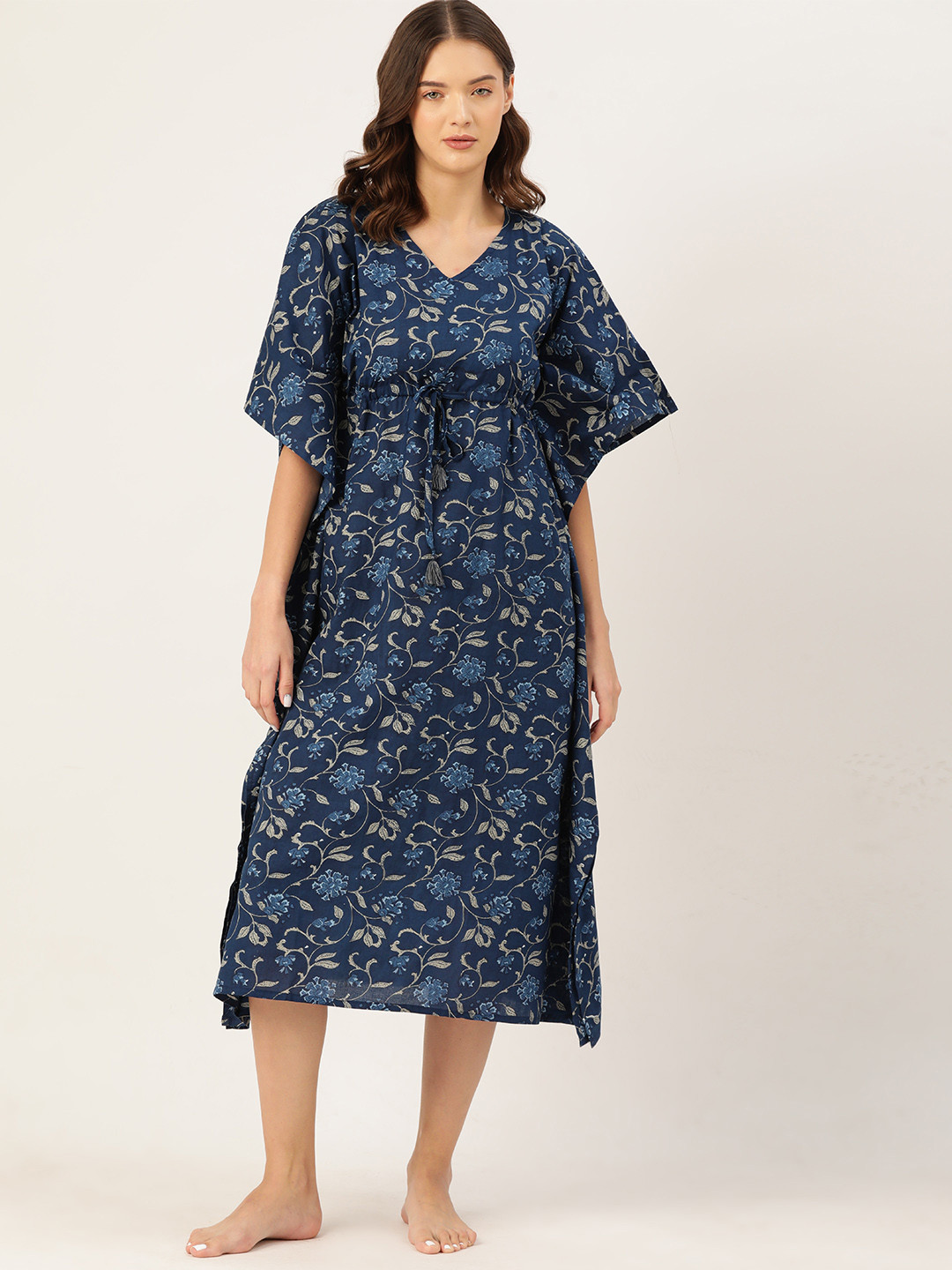

ETC Women Floral Printed Pure Cotton Midi Kaftan Nightdress, Navy blue