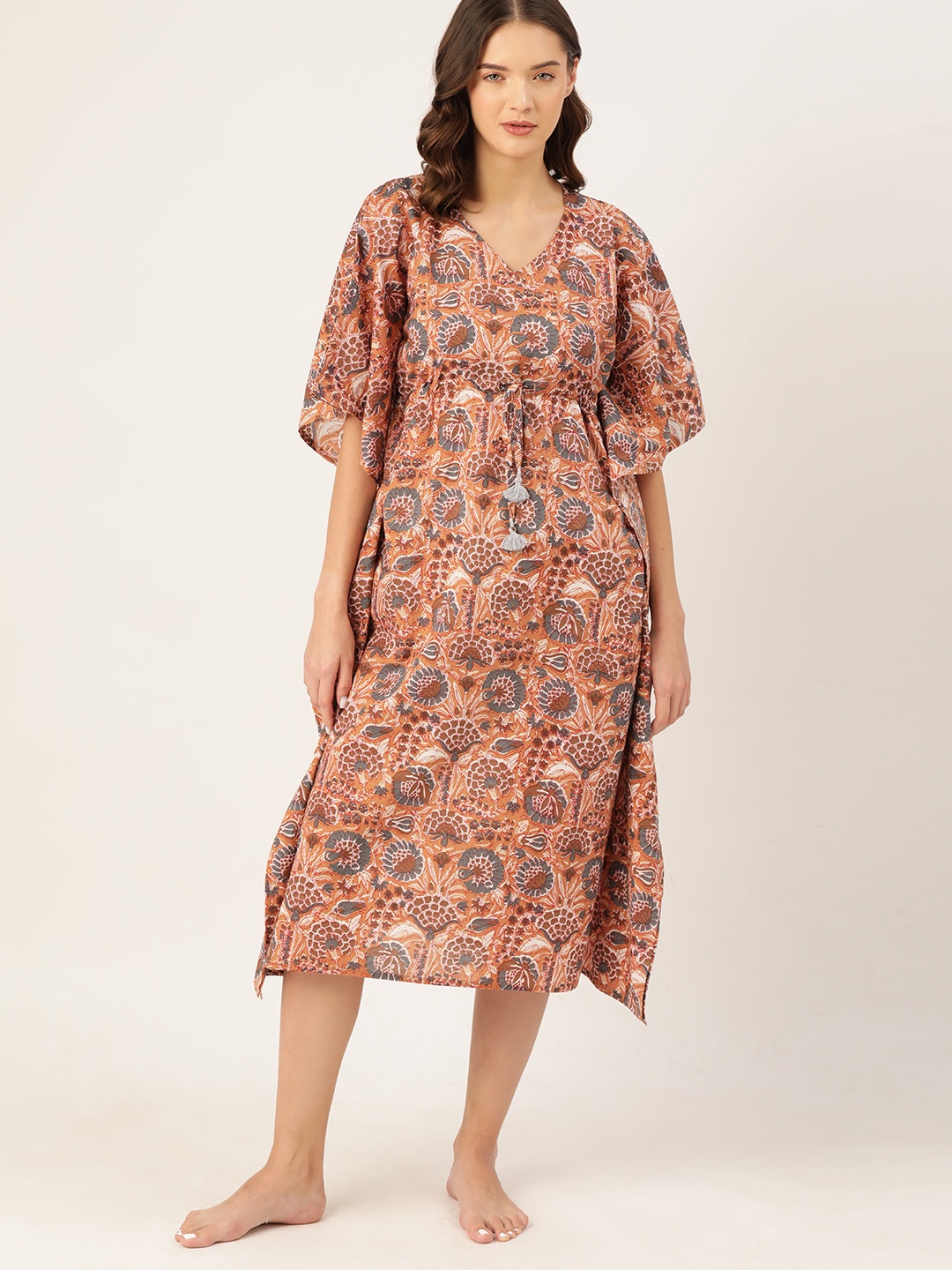 

ETC Women Floral Printed Pure Cotton Midi Kaftan Nightdress, Peach