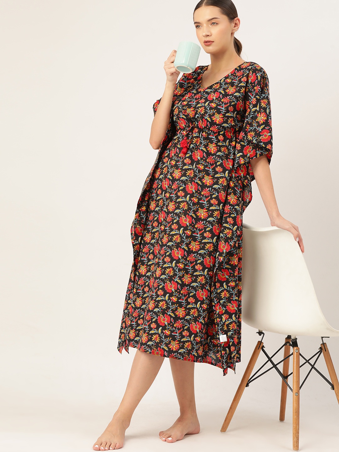 

ETC Women Floral Printed Pure Cotton Midi Kaftan Nightdress, Black