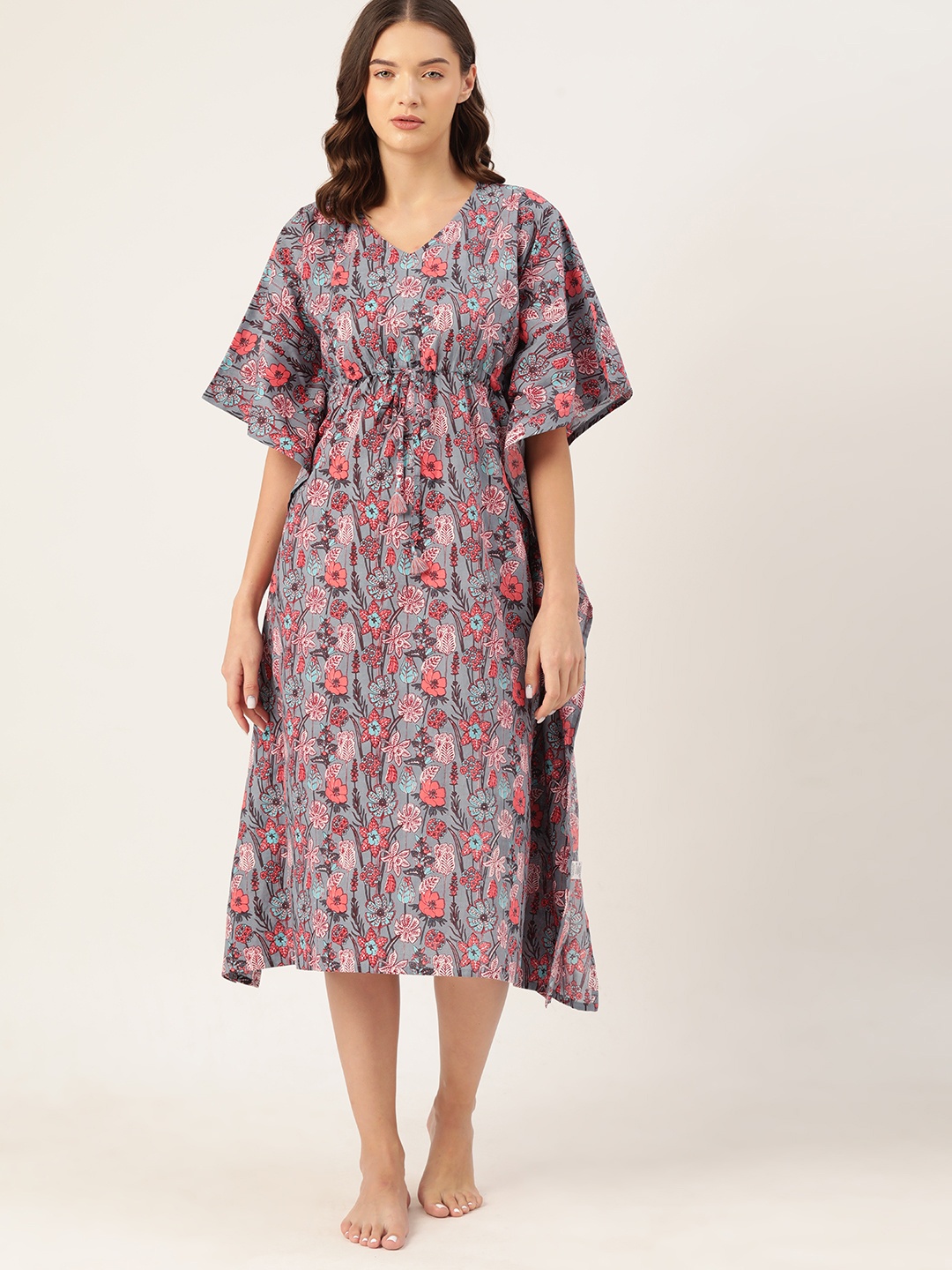 

ETC Women Floral Printed Pure Cotton Midi Kaftan Nightdress, Grey