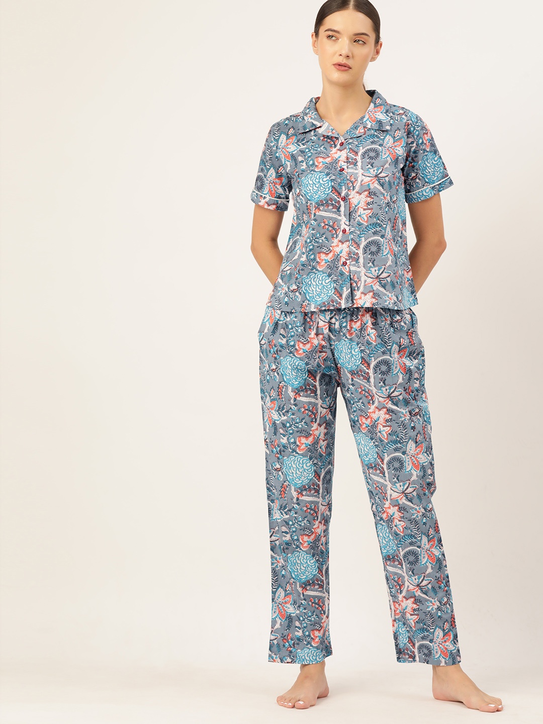 

ETC Women Floral Printed Pure Cotton Night Suit, Blue