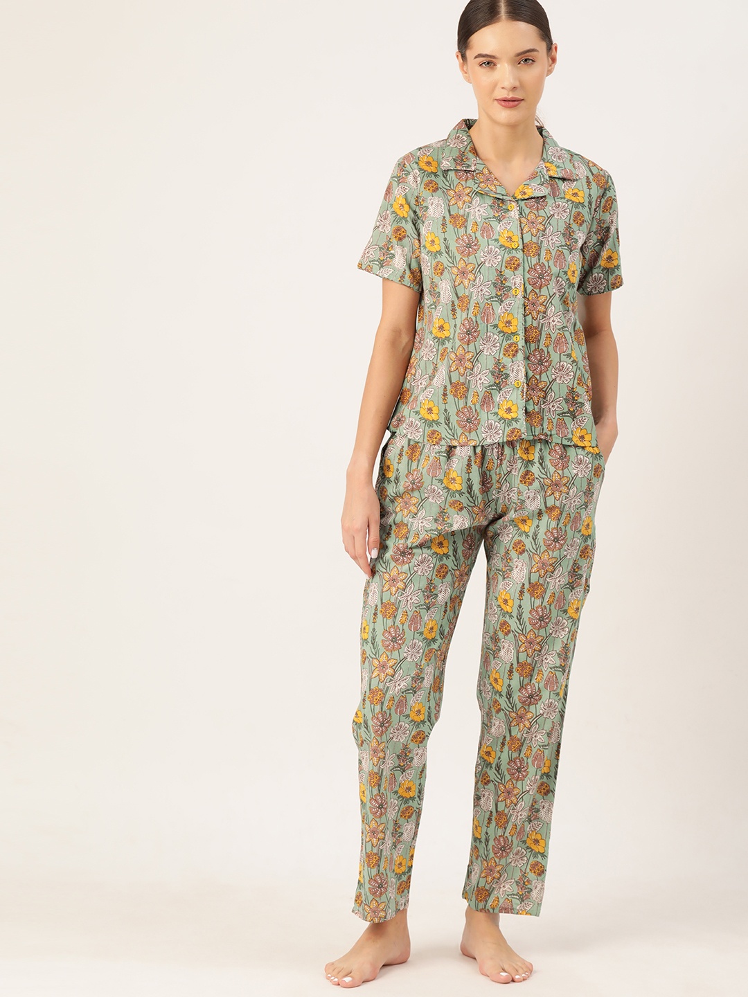 

ETC Women Floral Printed Pure Cotton Night Suit, Sea green