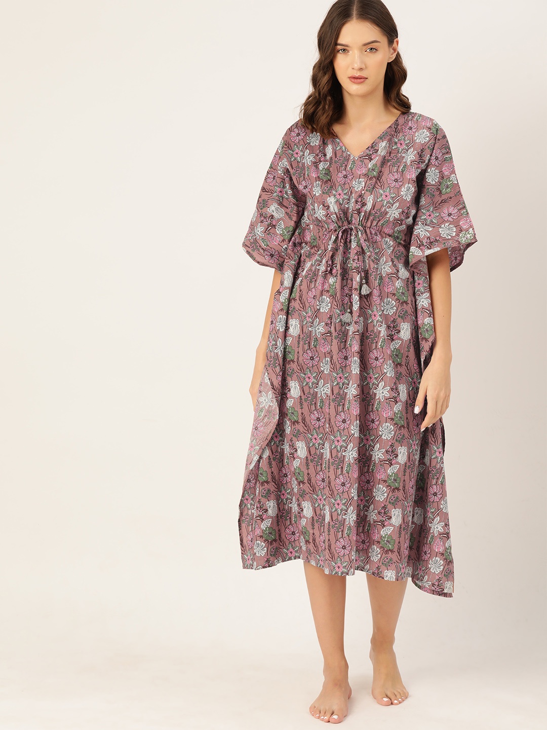 

ETC Women Floral Printed Pure Cotton Midi Kaftan Nightdress, Brown