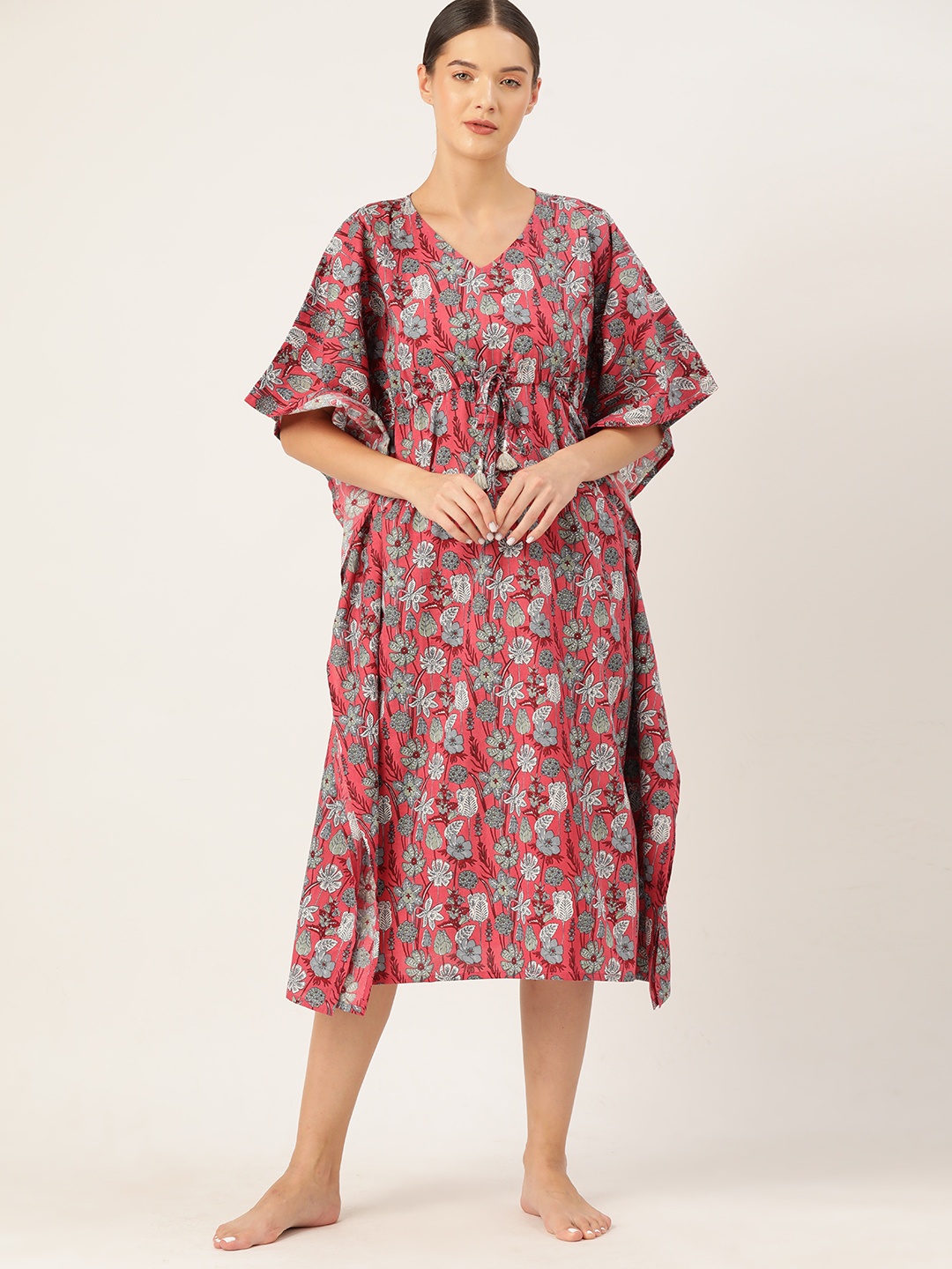 

ETC Women Floral Printed Pure Cotton Midi Kaftan Nightdress, Pink