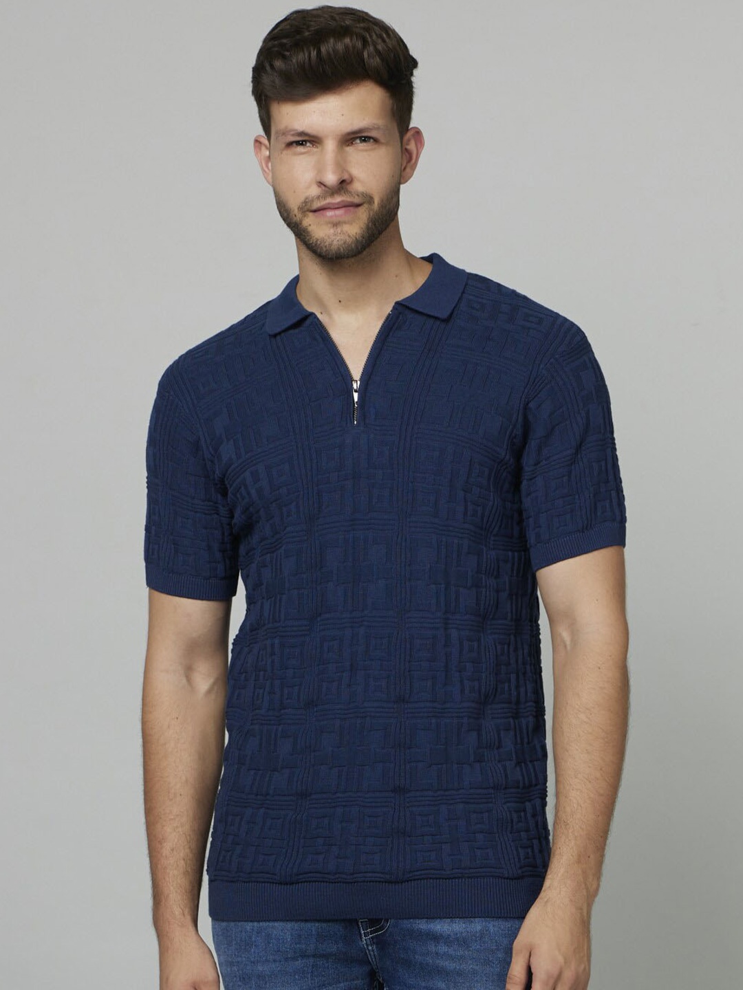 

Celio Self Design Polo Collar Cotton T-shirt, Navy blue