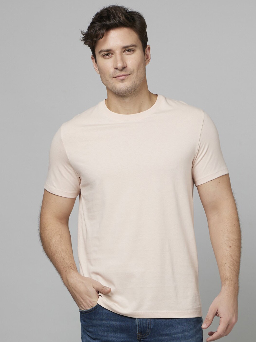 

Celio Round Neck Cotton Casual T-Shirt, Beige