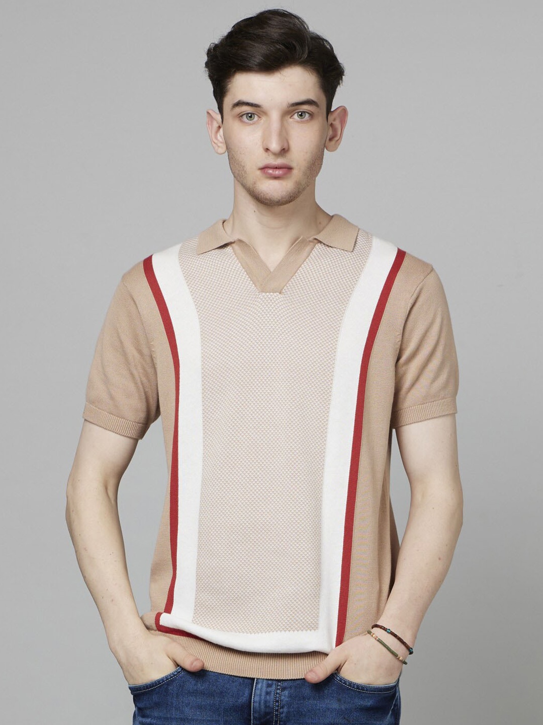 

Celio Striped Polo Collar Cotton T-shirt, Beige