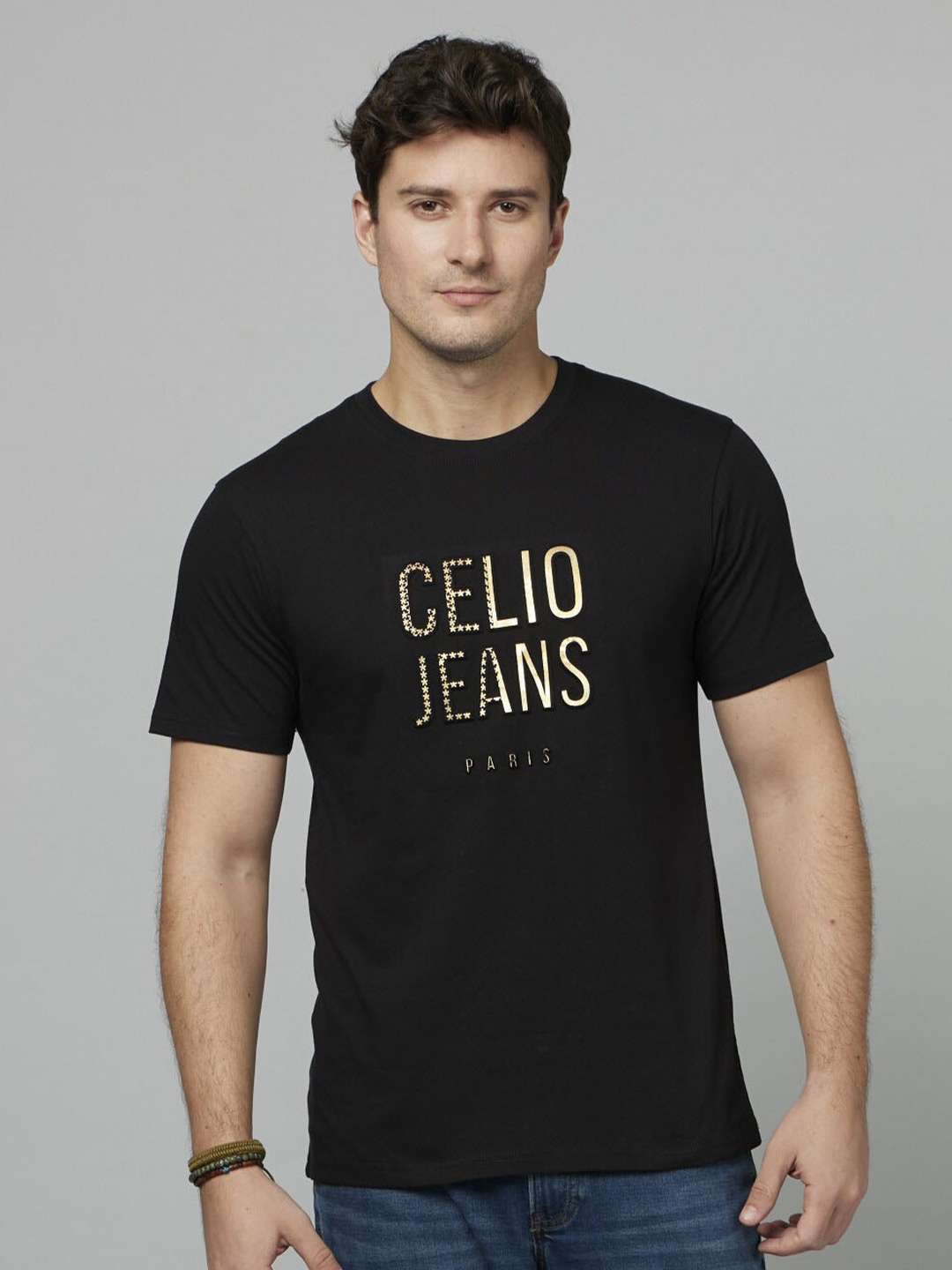 Celio Typography Printed Cotton T-Shirt, Black
