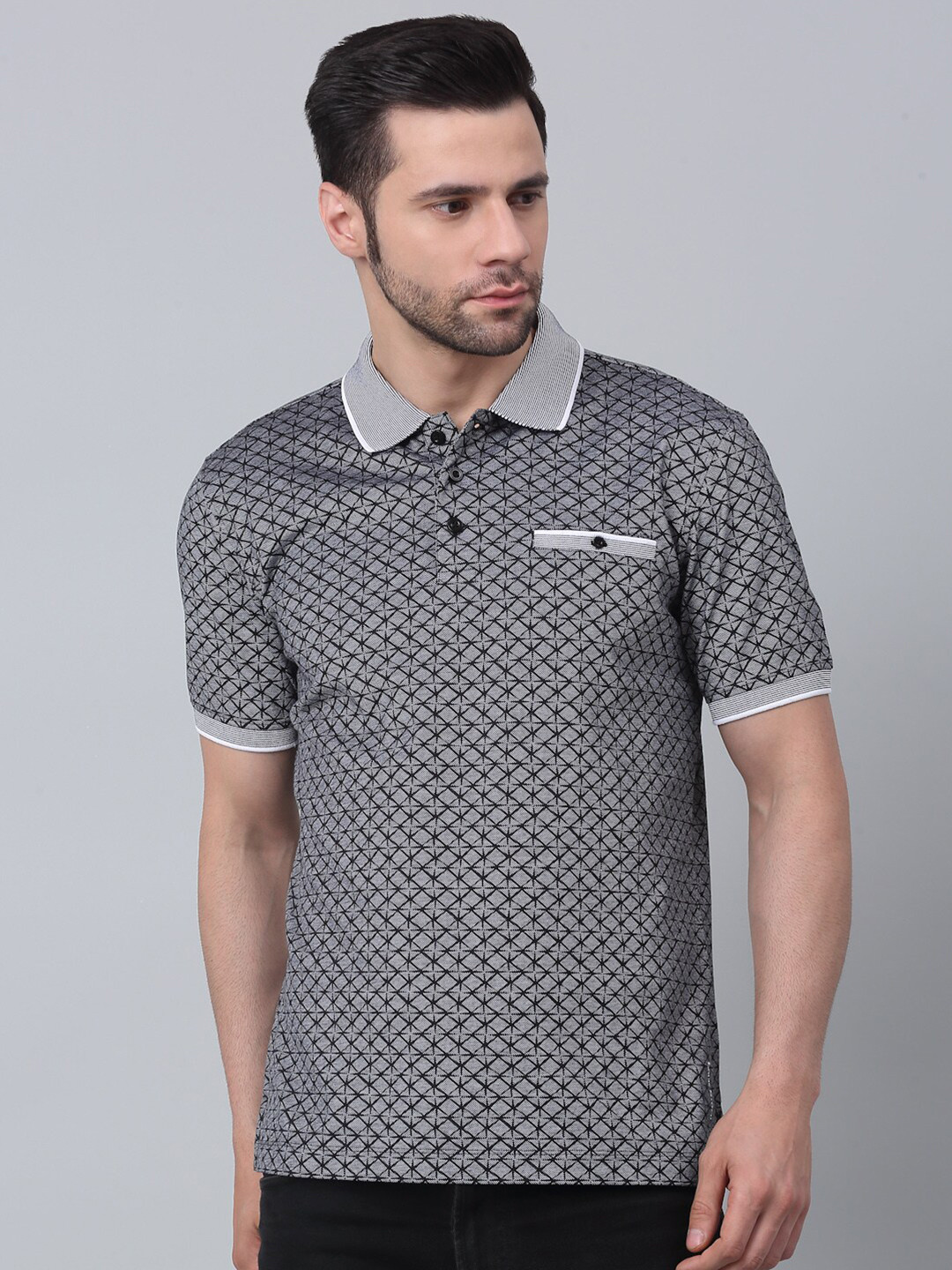 

LOUIS STITCH Geometric Printed Polo Collar Dry Fit Technology Slim Fit T-shirt, Grey