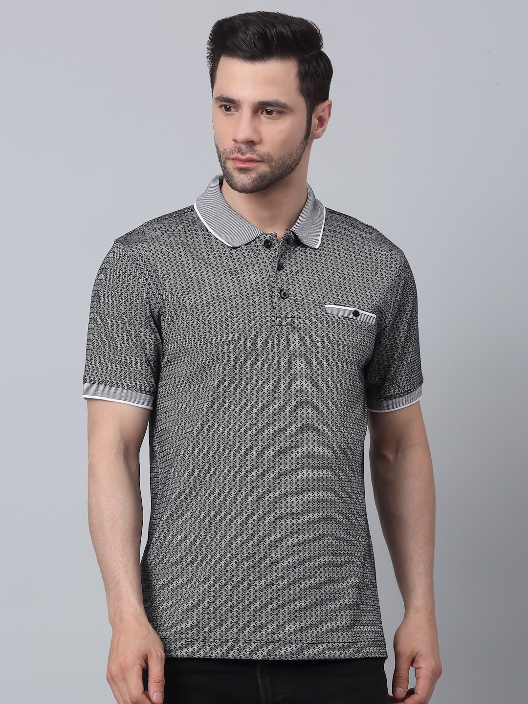 

LOUIS STITCH Geometric Printed Polo Collar Dry Fit Slim Fit T-shirt, Grey