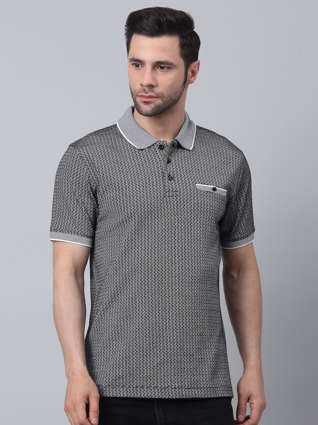 

LOUIS STITCH Geometric Printed Polo Collar Dry Fit Technology Cotton Slim Fit T-shirt, Grey