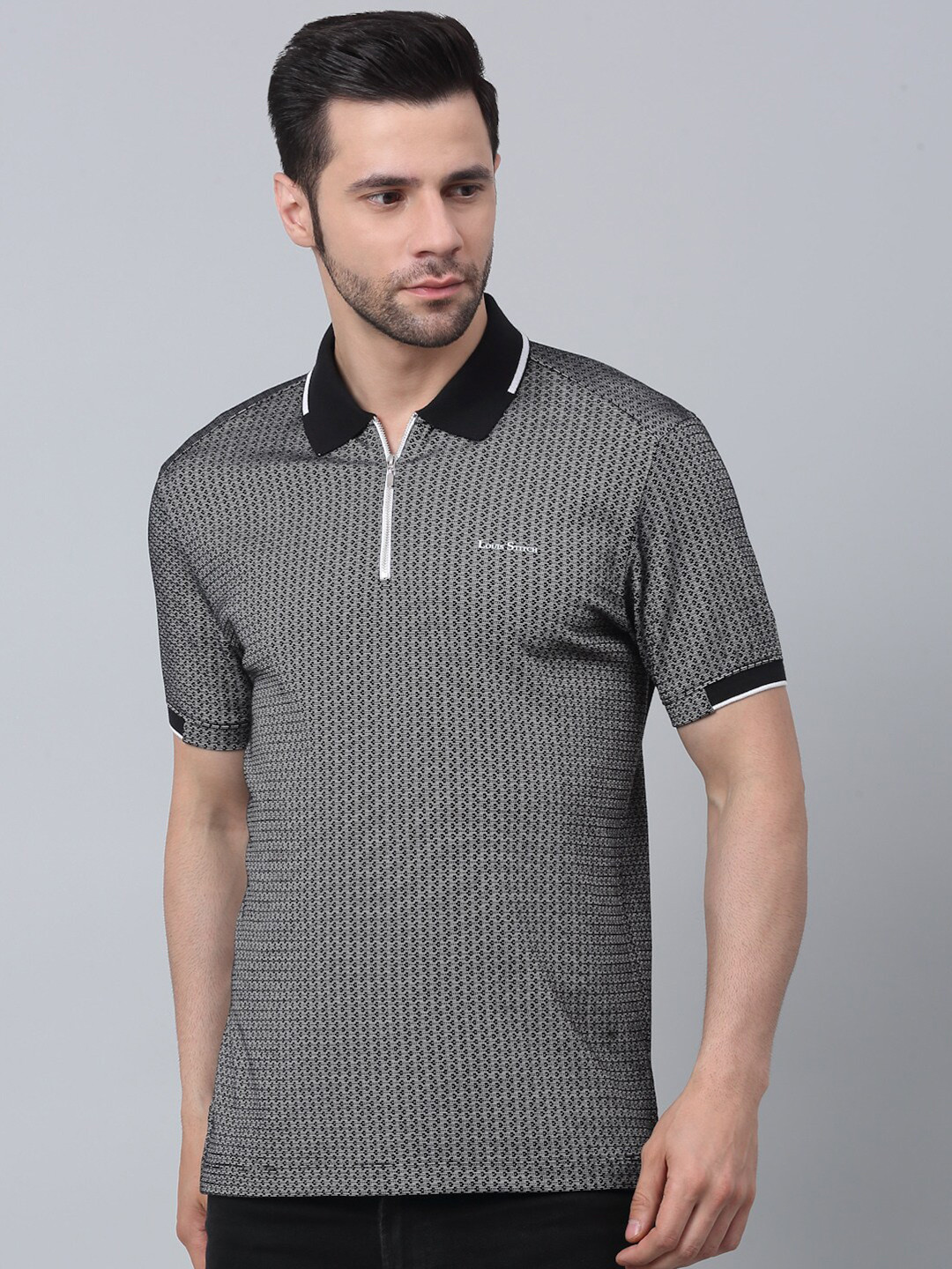 

LOUIS STITCH Geometric Printed Polo Collar Dry Fit Technology Slim Fit T-shirt, Grey