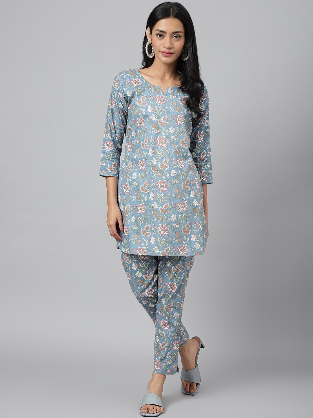 

RATAN Floral Printed Pure Cotton Tunic with Trousers, Grey