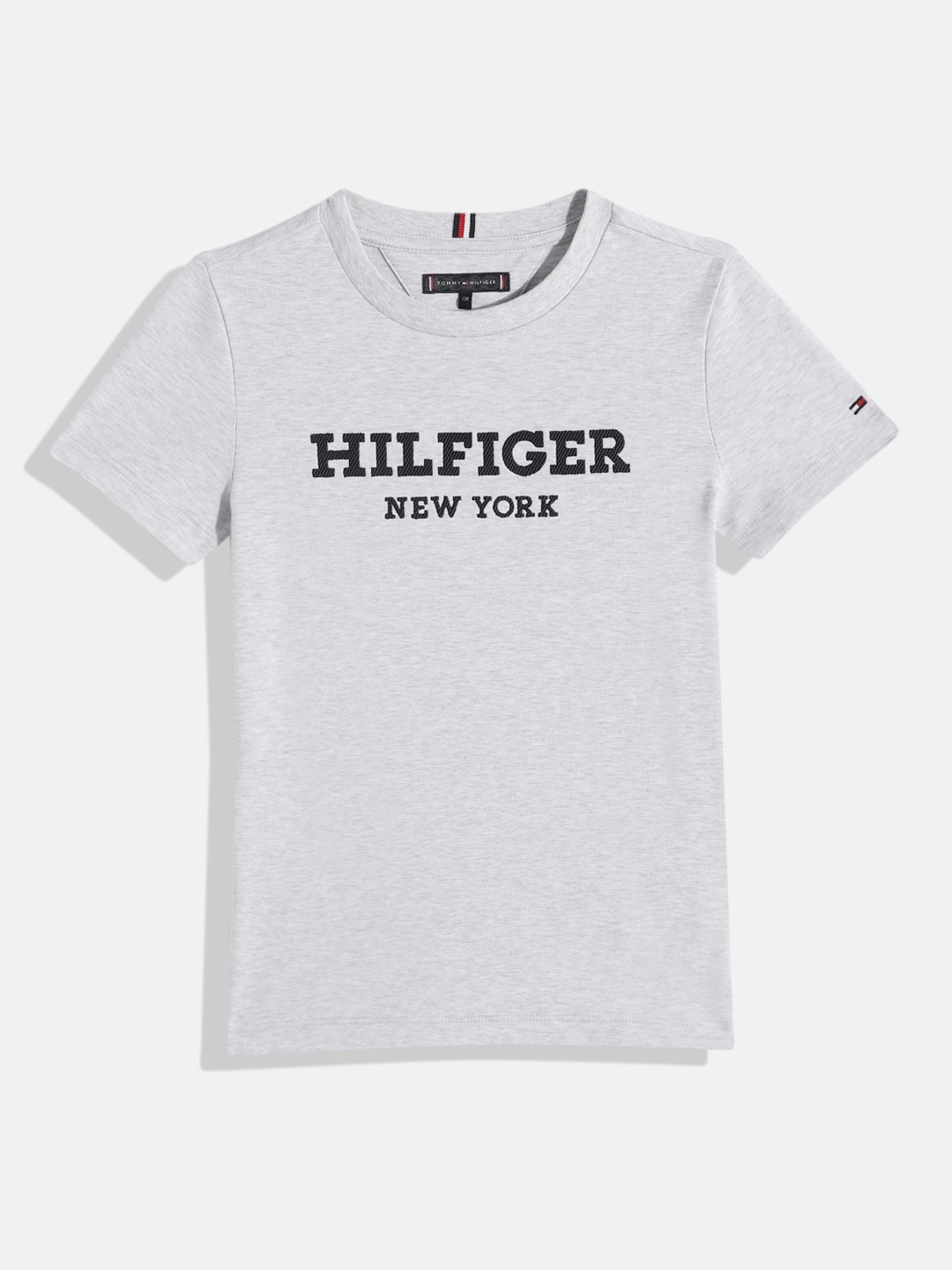 

Tommy Hilfiger Boys Brand Logo Printed Pure Cotton T-shirt, Grey melange