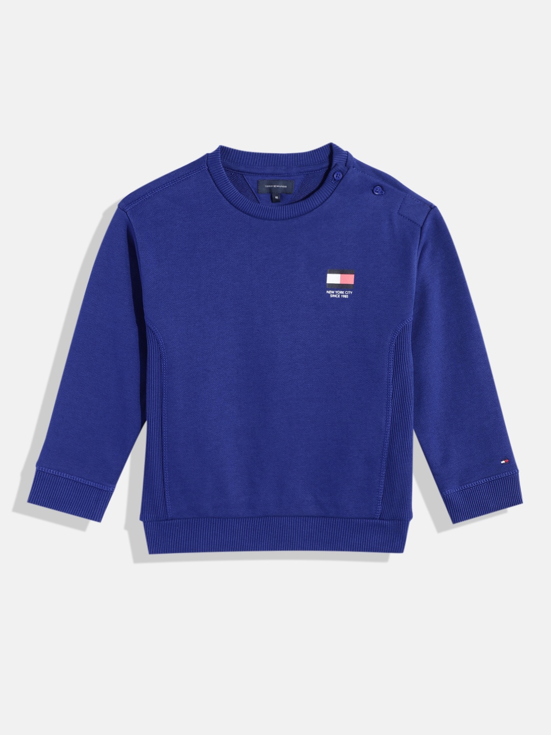 

Tommy Hilfiger Boys Brand Logo Back Print Pure Cotton Sweatshirt With Ribbed Detail, Blue