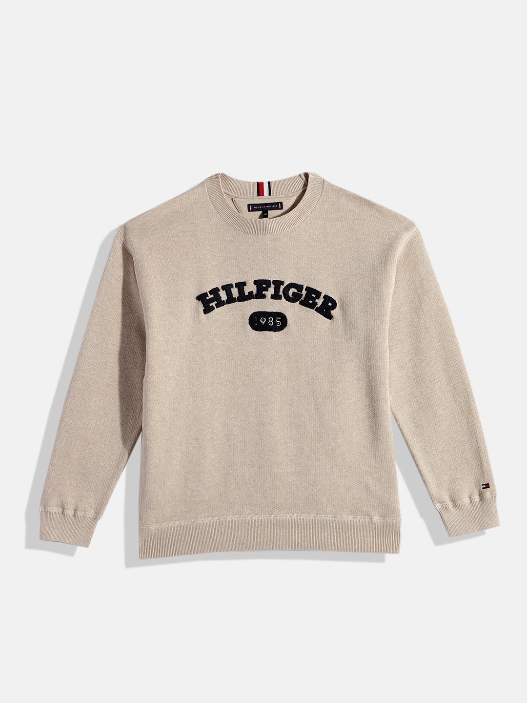 

Tommy Hilfiger Boys Brand Logo Embroidered Pure Cotton Pullover, Beige