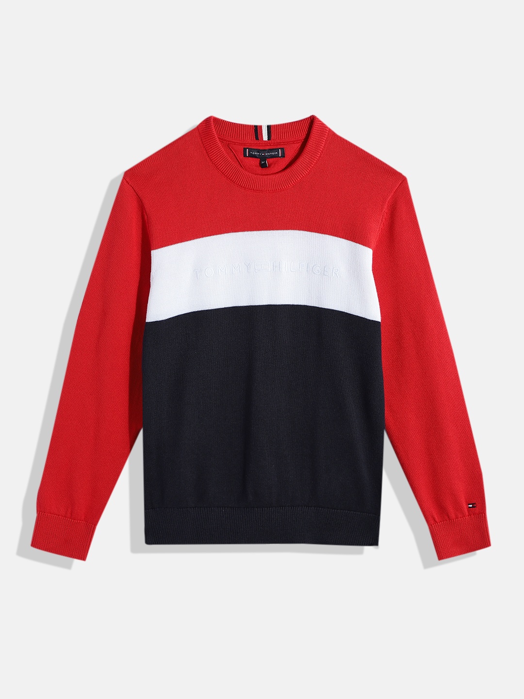 

Tommy Hilfiger Boys Colourblocked Pure Cotton Pullover Sweater, Red