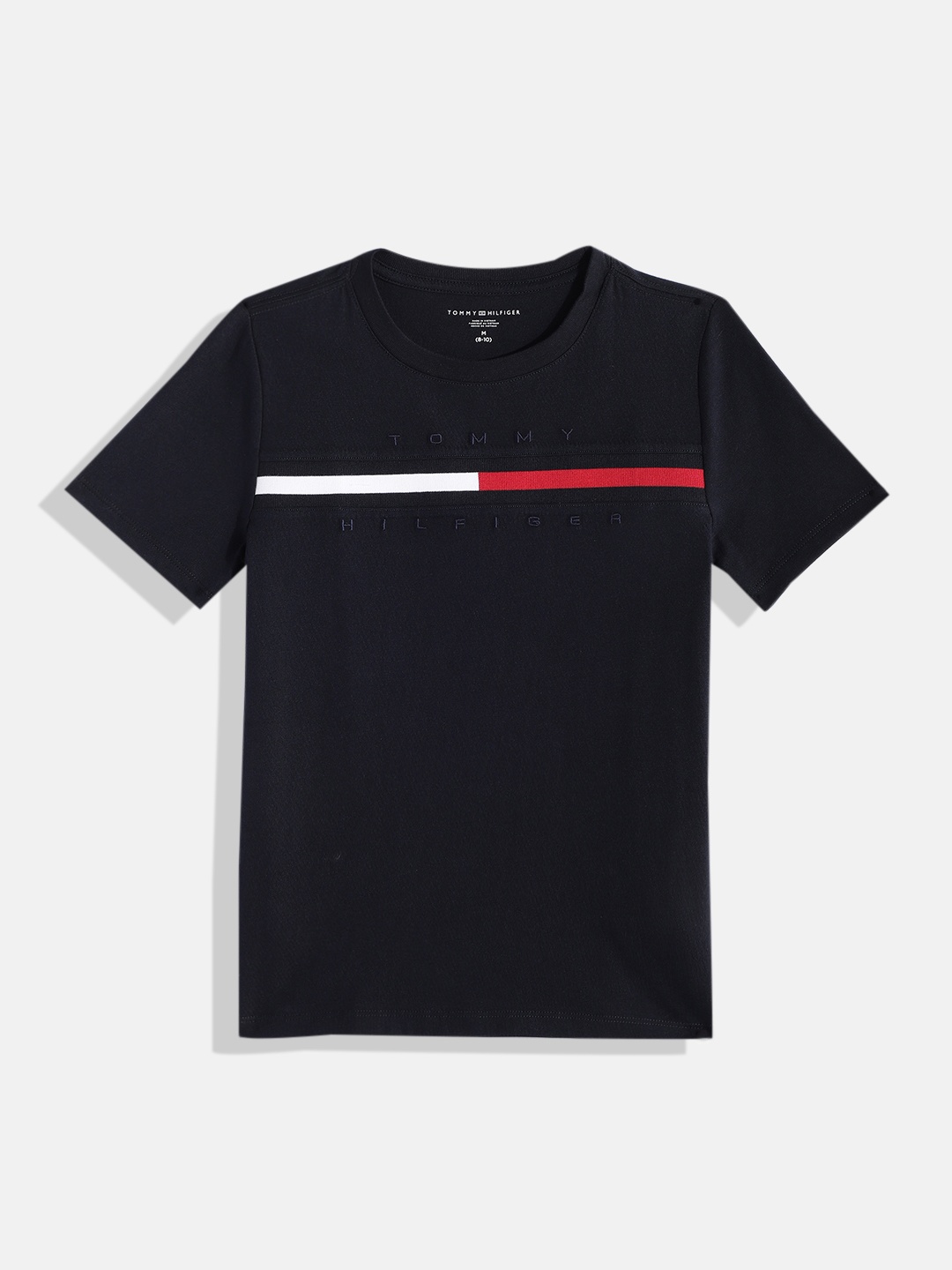 

Tommy Hilfiger Boys Brand Logo Embroidered & Striped Pure Cotton T-shirt, Navy blue