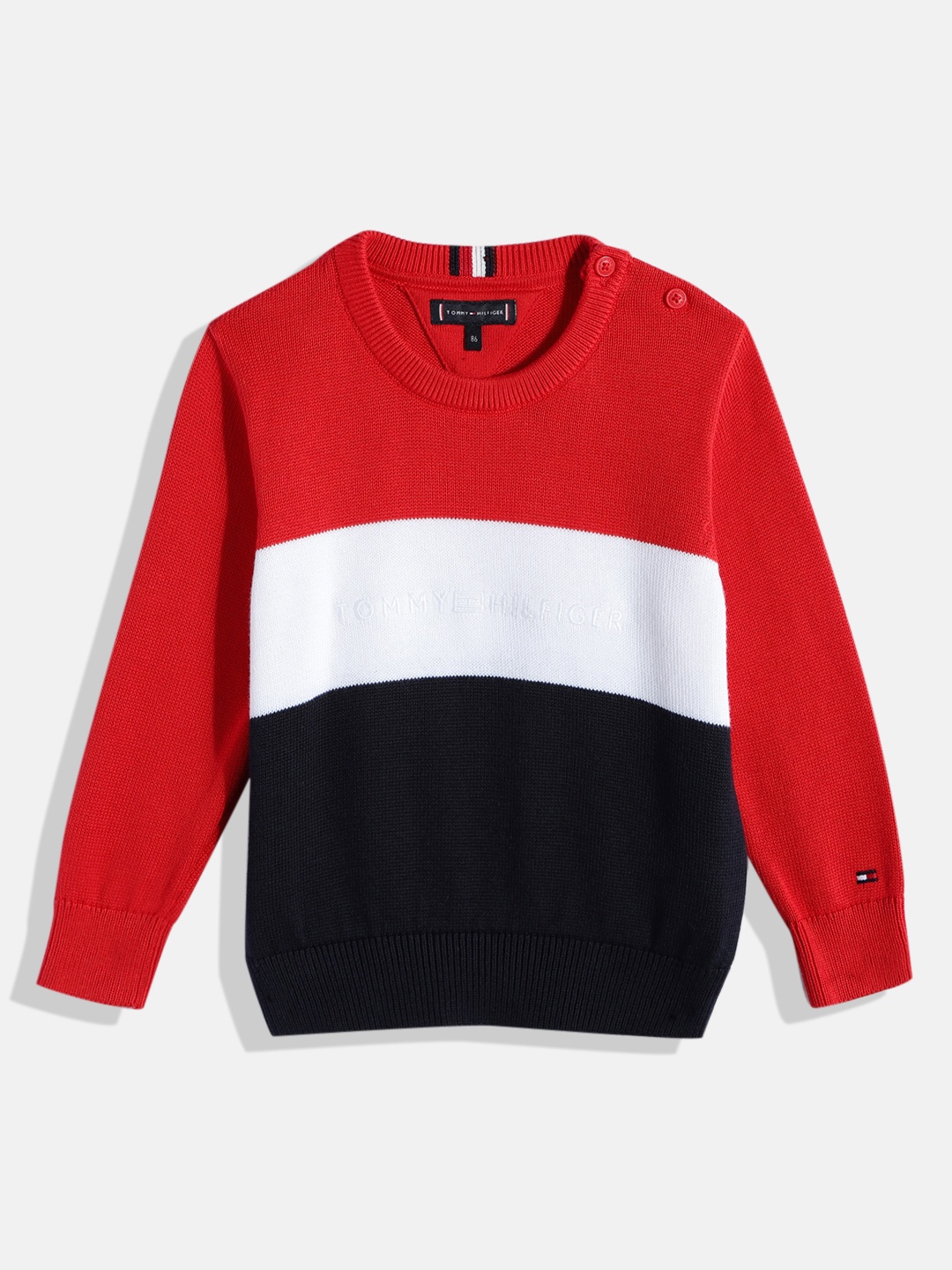 

Tommy Hilfiger Boys Colourblocked Pure Cotton Pullover Sweater, Red