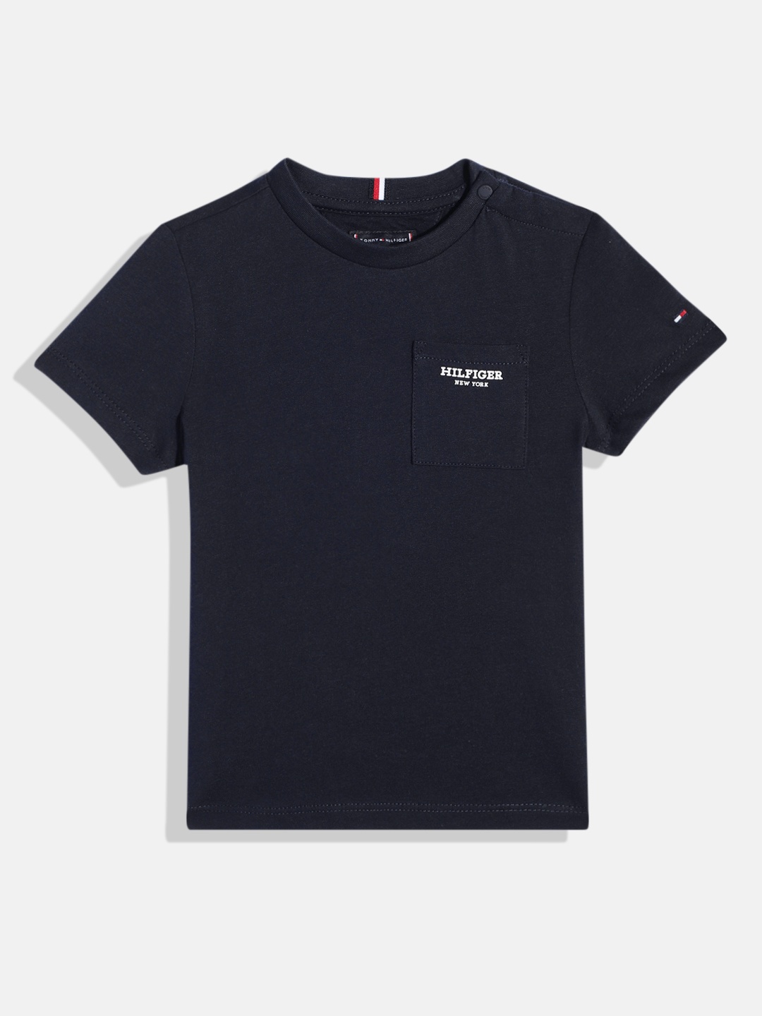 

Tommy Hilfiger Boys Pure Cotton Pockets Knitted T-shirt With Brand Logo Print Detail, Navy blue