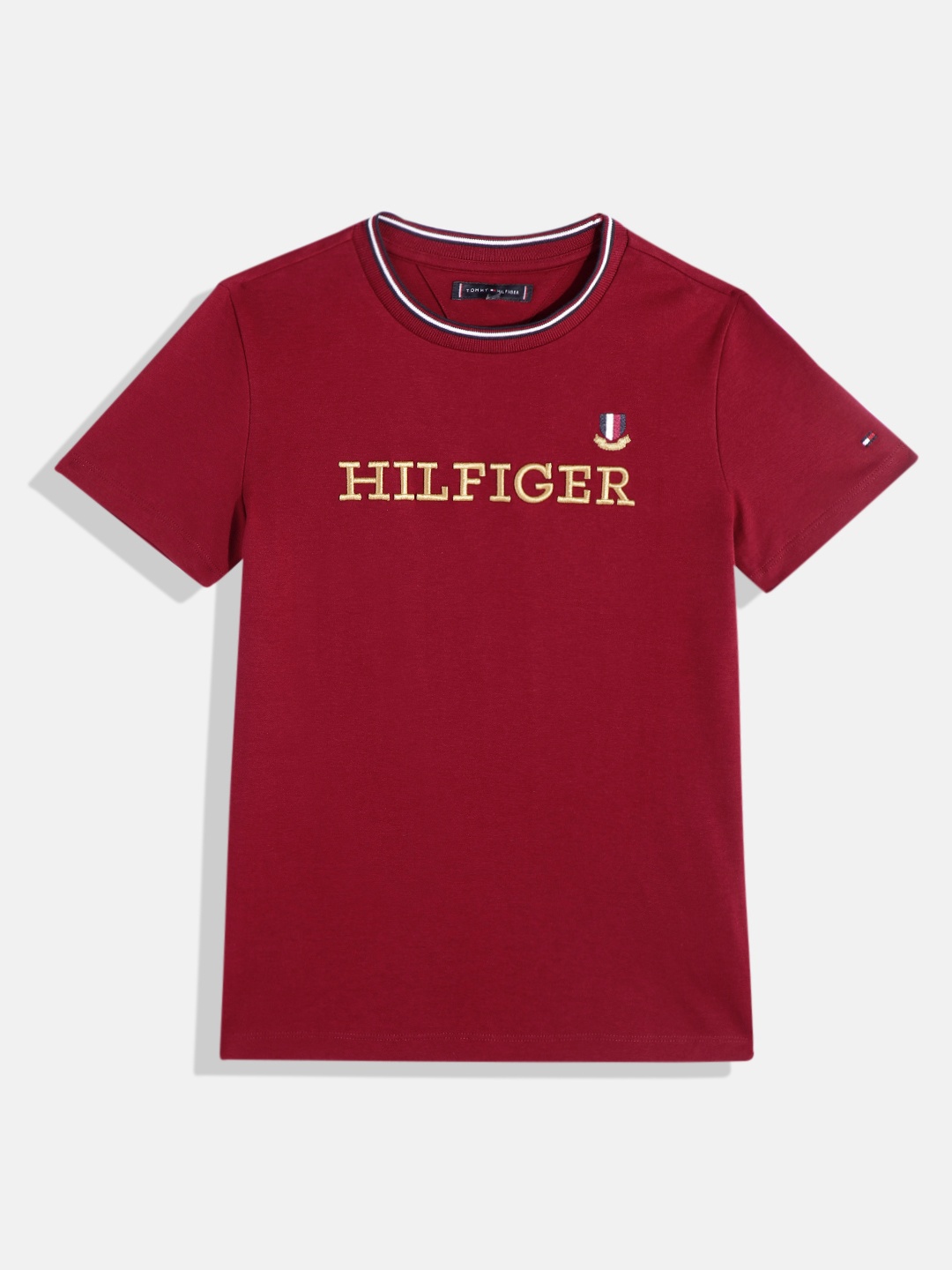 

Tommy Hilfiger Boys Brand Logo Embroidered Knitted Pure Cotton T-shirt, Maroon