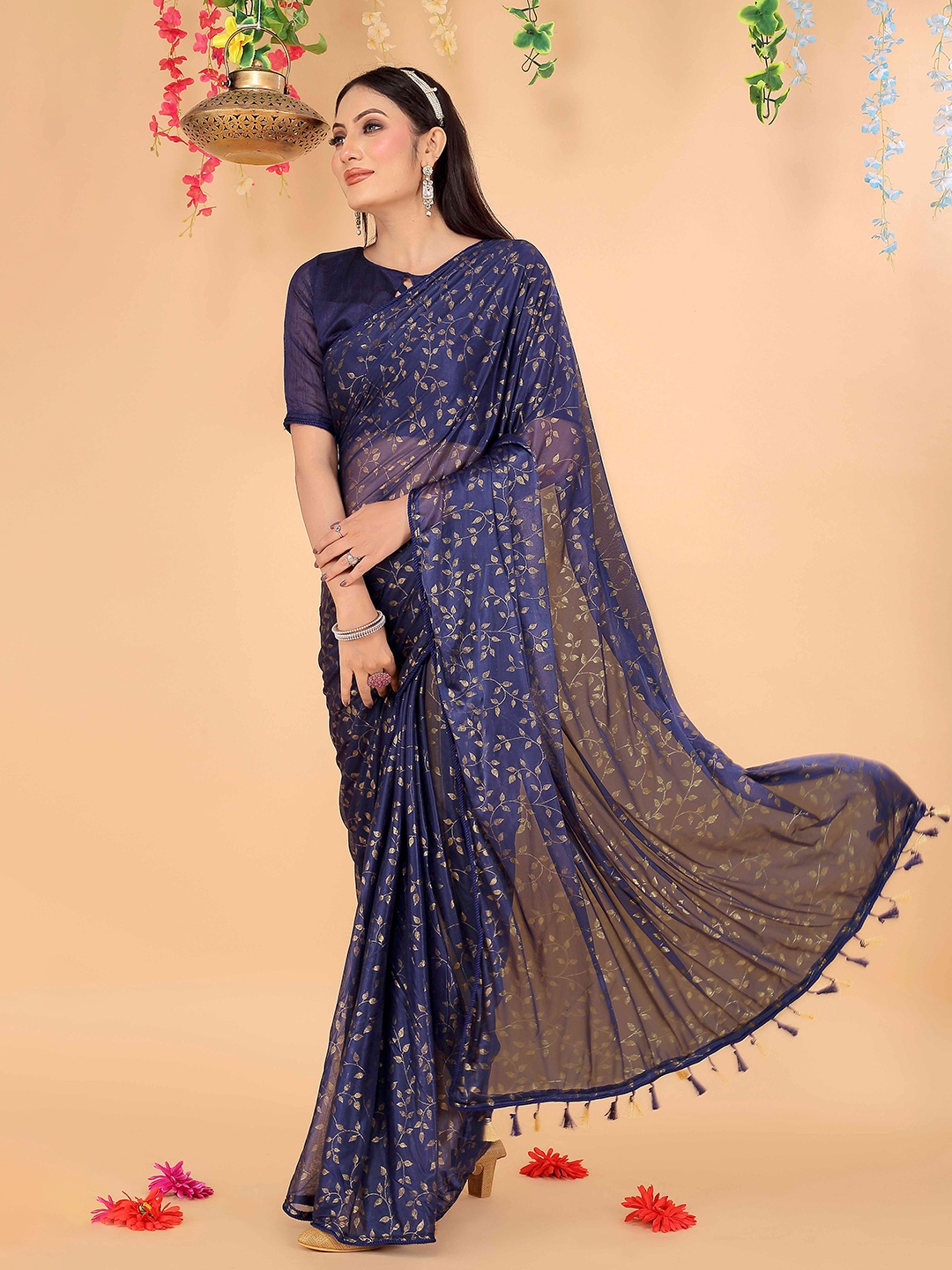 

Florence Floral Printed Saree, Navy blue