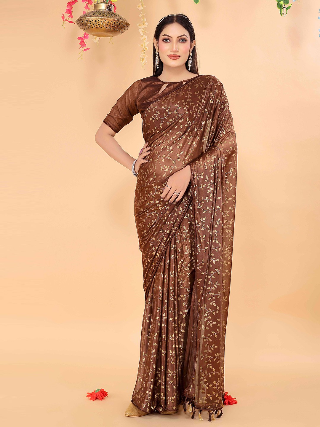

Florence Floral Printed Saree, Brown