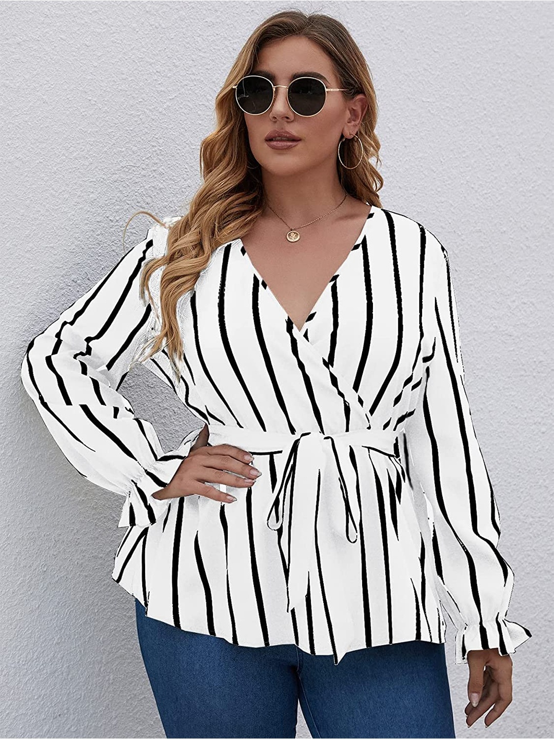 

Samsara Couture Vertical Striped Bell Sleeves Wrap Top, White