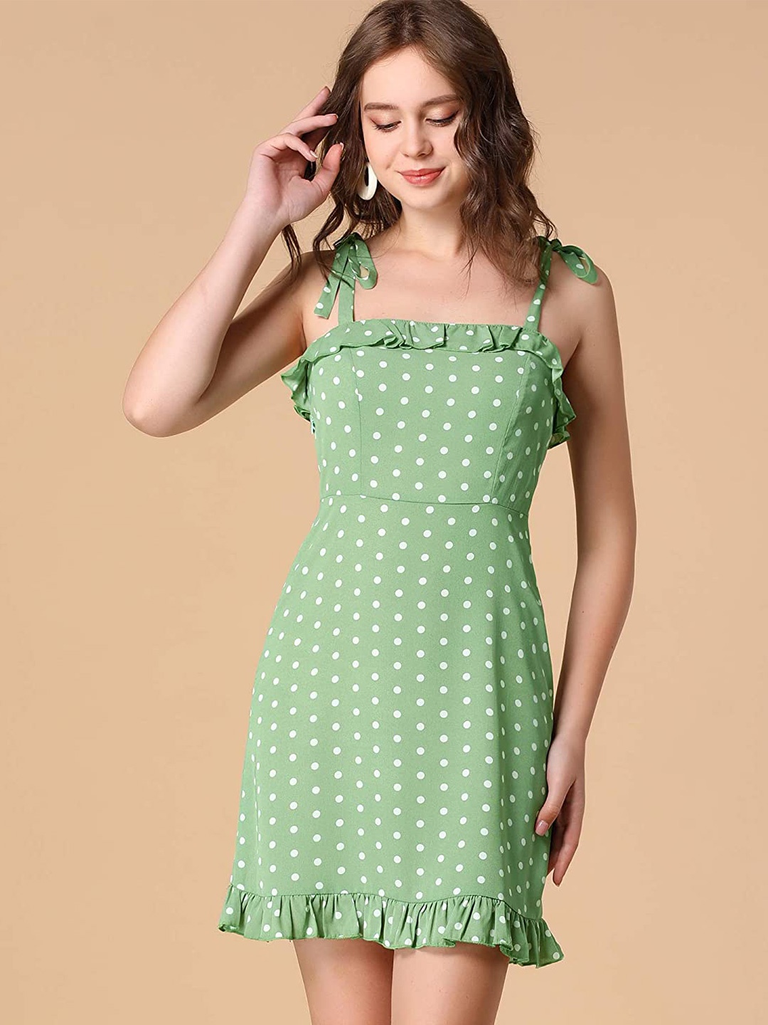 

Samsara Couture Polka Dots Printed Shoulder Straps Sheath Dress, Sea green