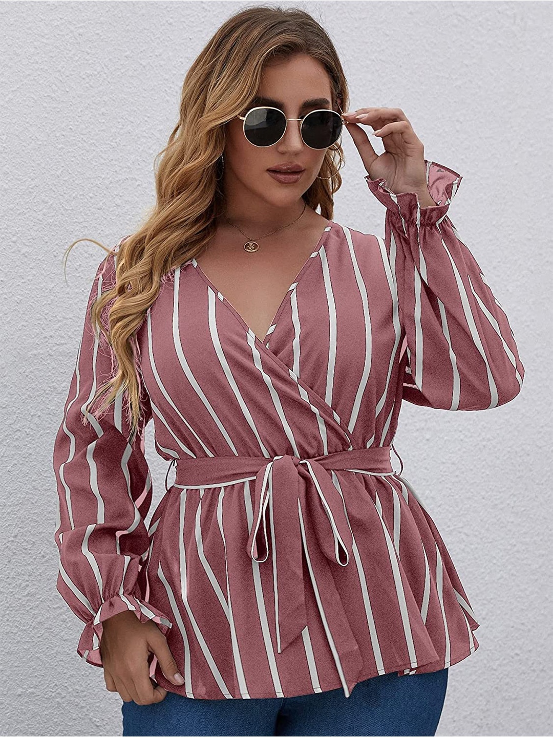 

Samsara Couture Vertical Striped V-Neck Waist Tie Ups Wrap Top, Pink
