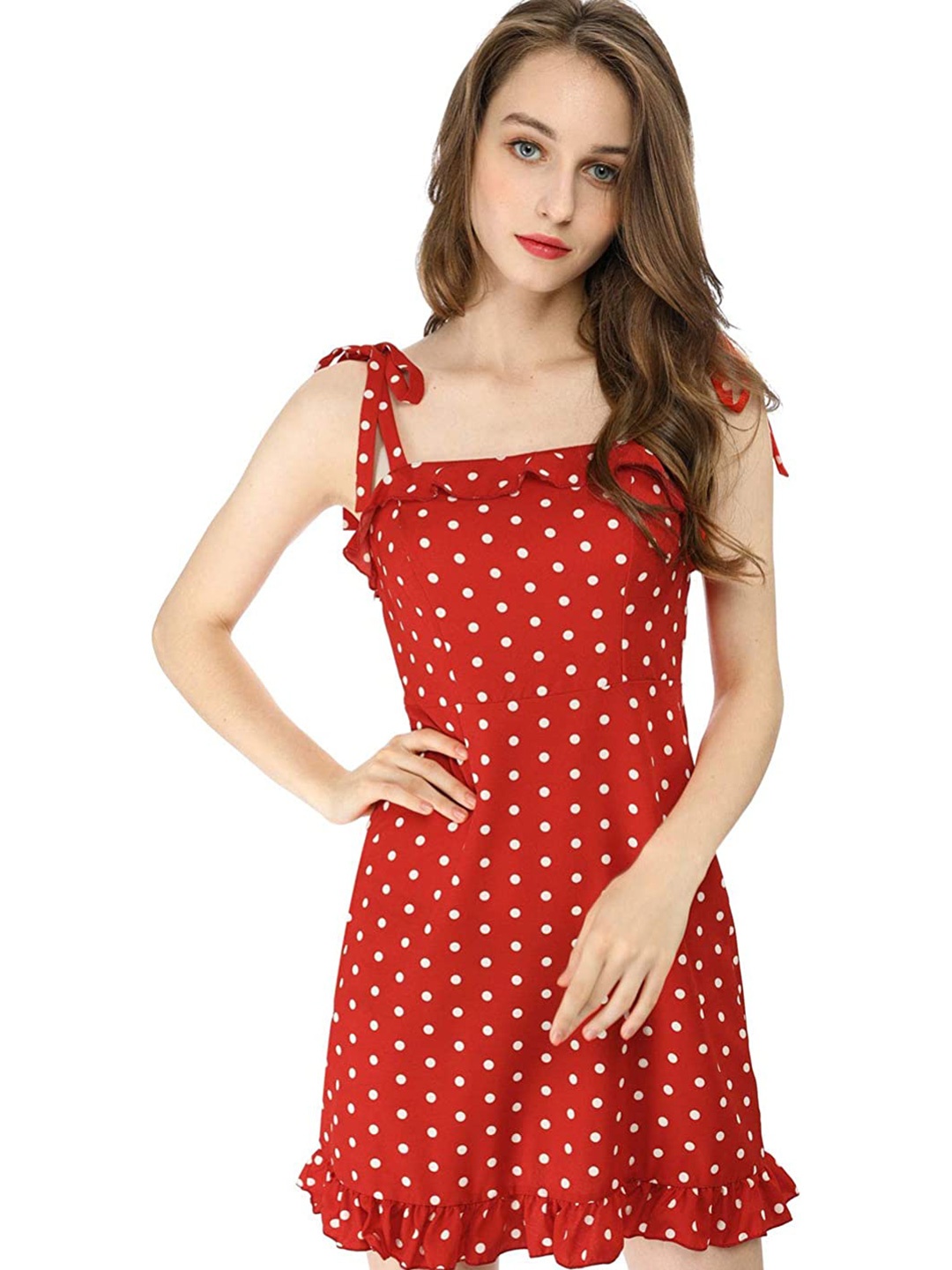 

Samsara Couture Polka Dots Printed Shoulder Straps Sheath Dress, Red
