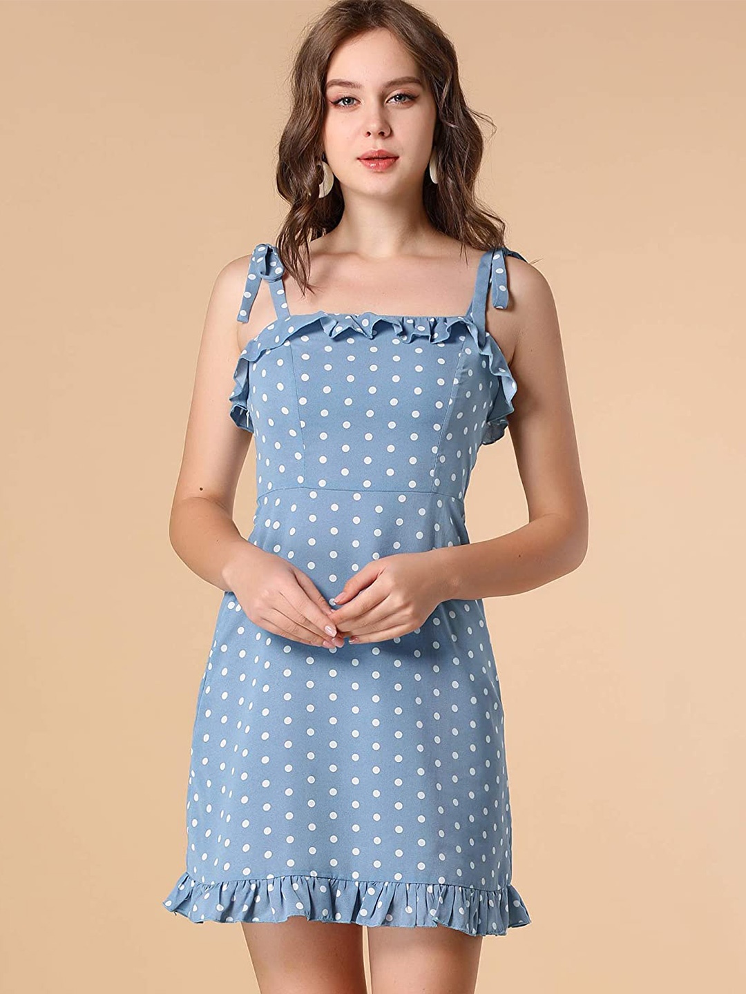 

Samsara Couture Polka Dots Printed Shoulder Straps Sheath Dress, Blue