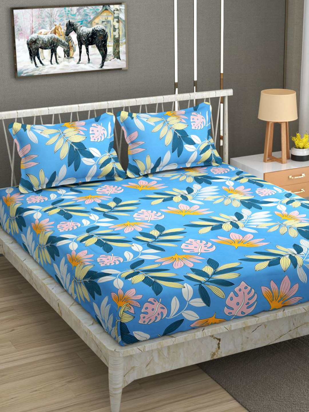 

Bajo's Blue & Green Floral 250 TC Fitted Cotton King Bedsheet with 2 Pillow Covers