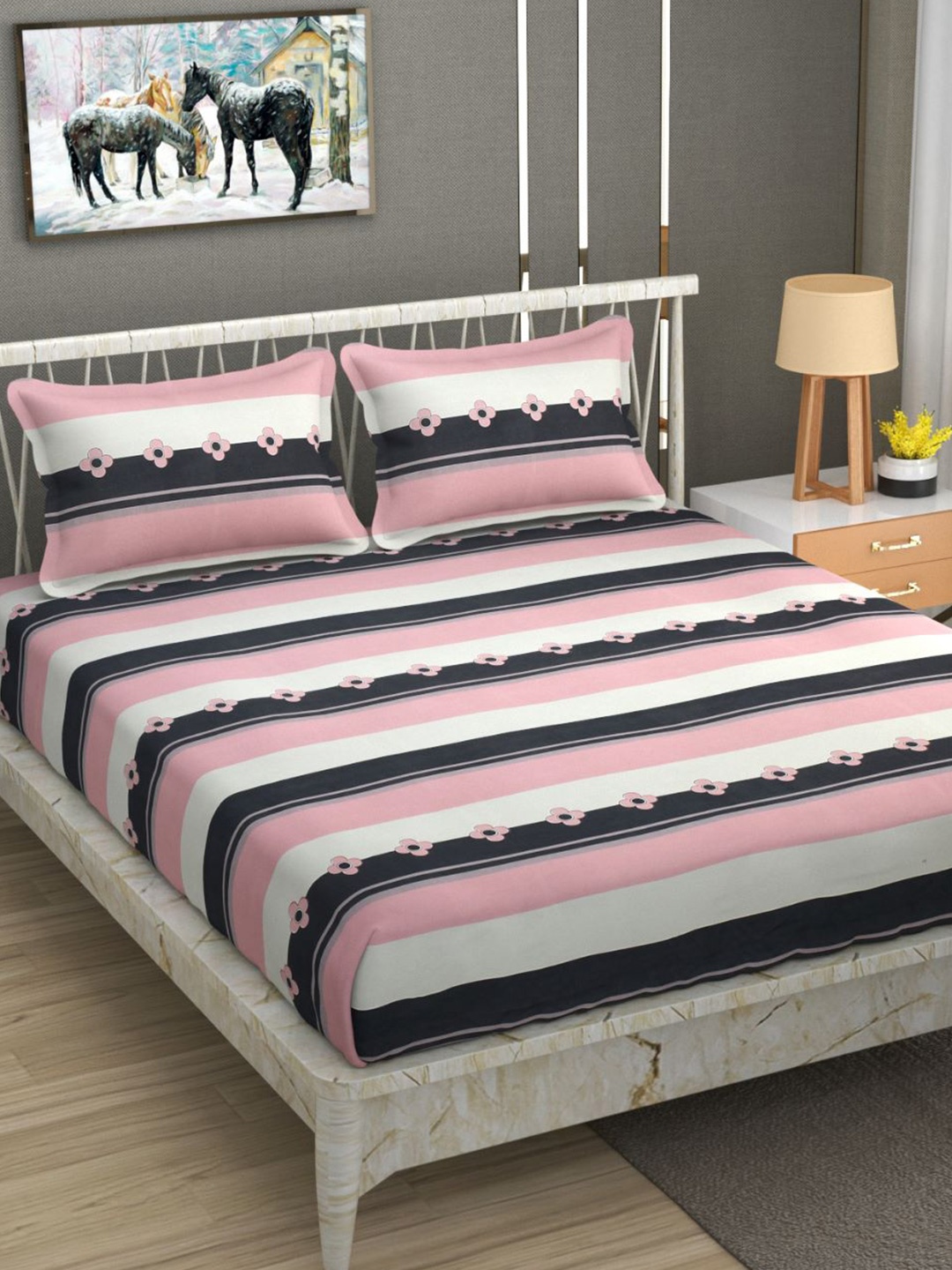

Bajo's Pink & White Striped 250 TC Fitted Cotton King Bedsheet with 2 Pillow Covers